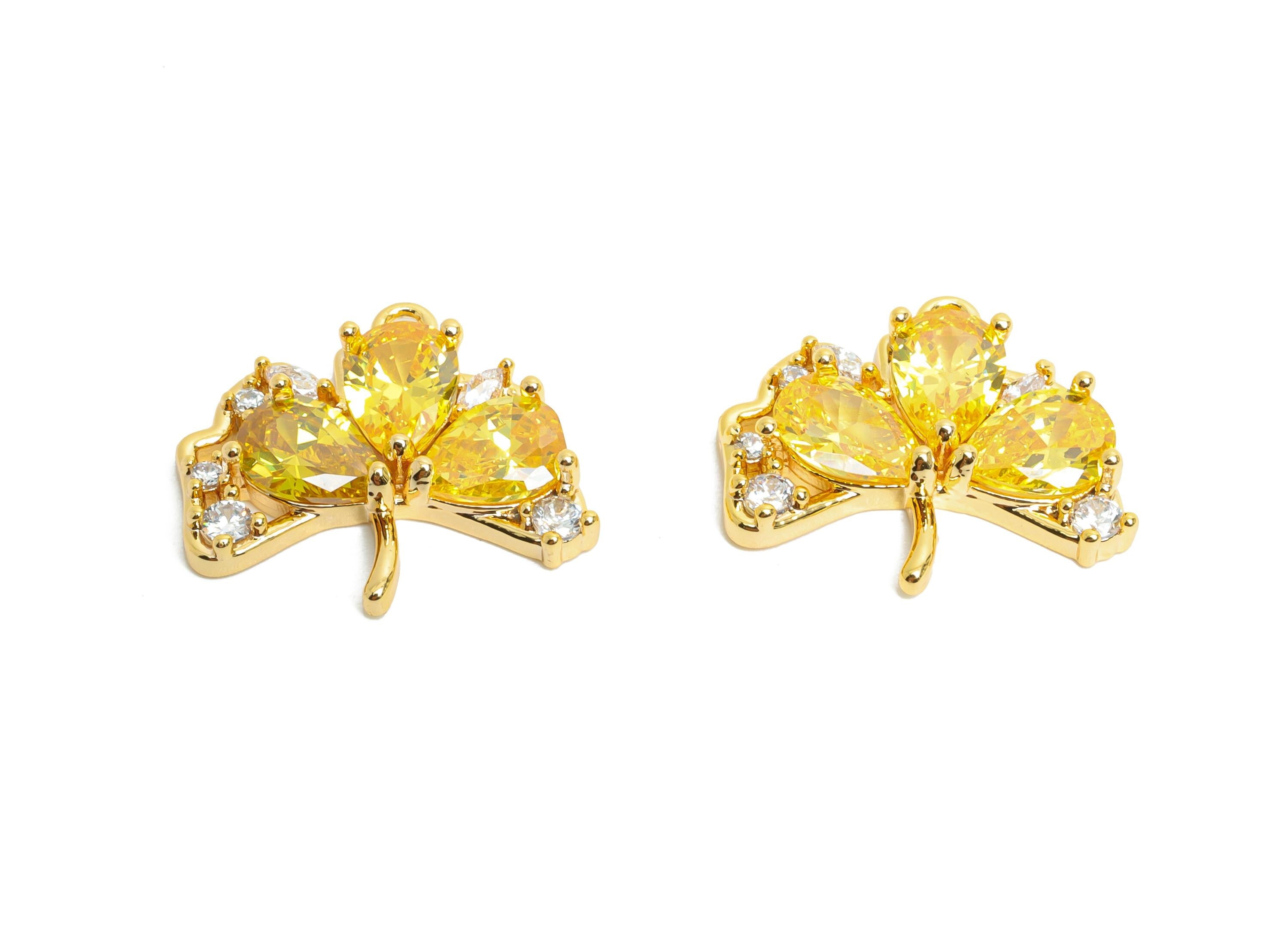 Brass Leaf Earring Charm - Yellow Ginkgo Leaf Cubic Zircon Drop Charm  - Nature Charm - 18K Real Gold Plating - 17x16x3.7mm - RGP9895 - DOMEDBAZAAR
