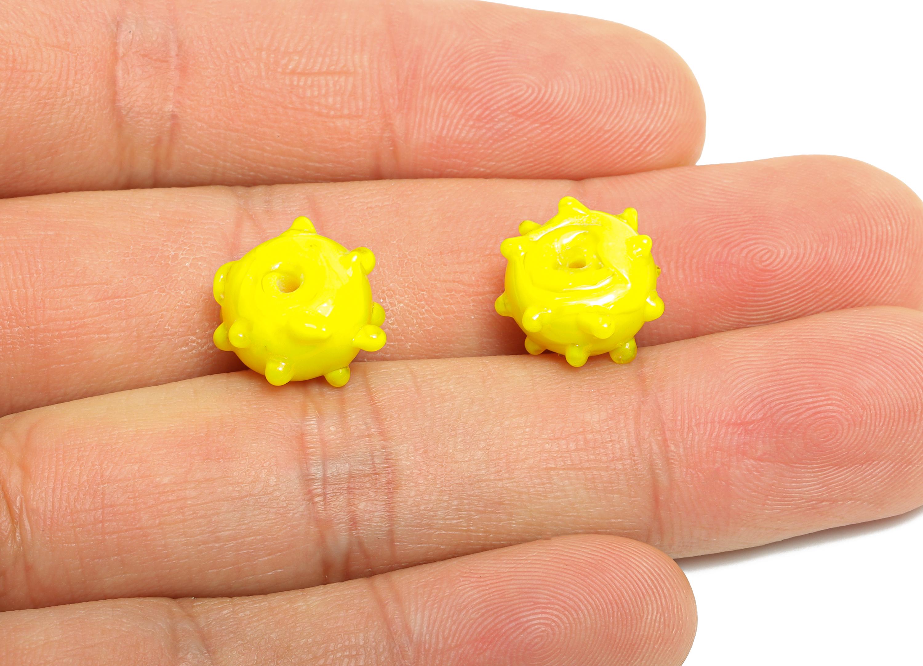 Handmade Wheel Glass Bead - Enamel Yellow Glass Bead with Spikes - Unique Bracelet Charm - Jewelry Component - 12.72x12.89x7.72mm - GS1340 - DOMEDBAZAAR