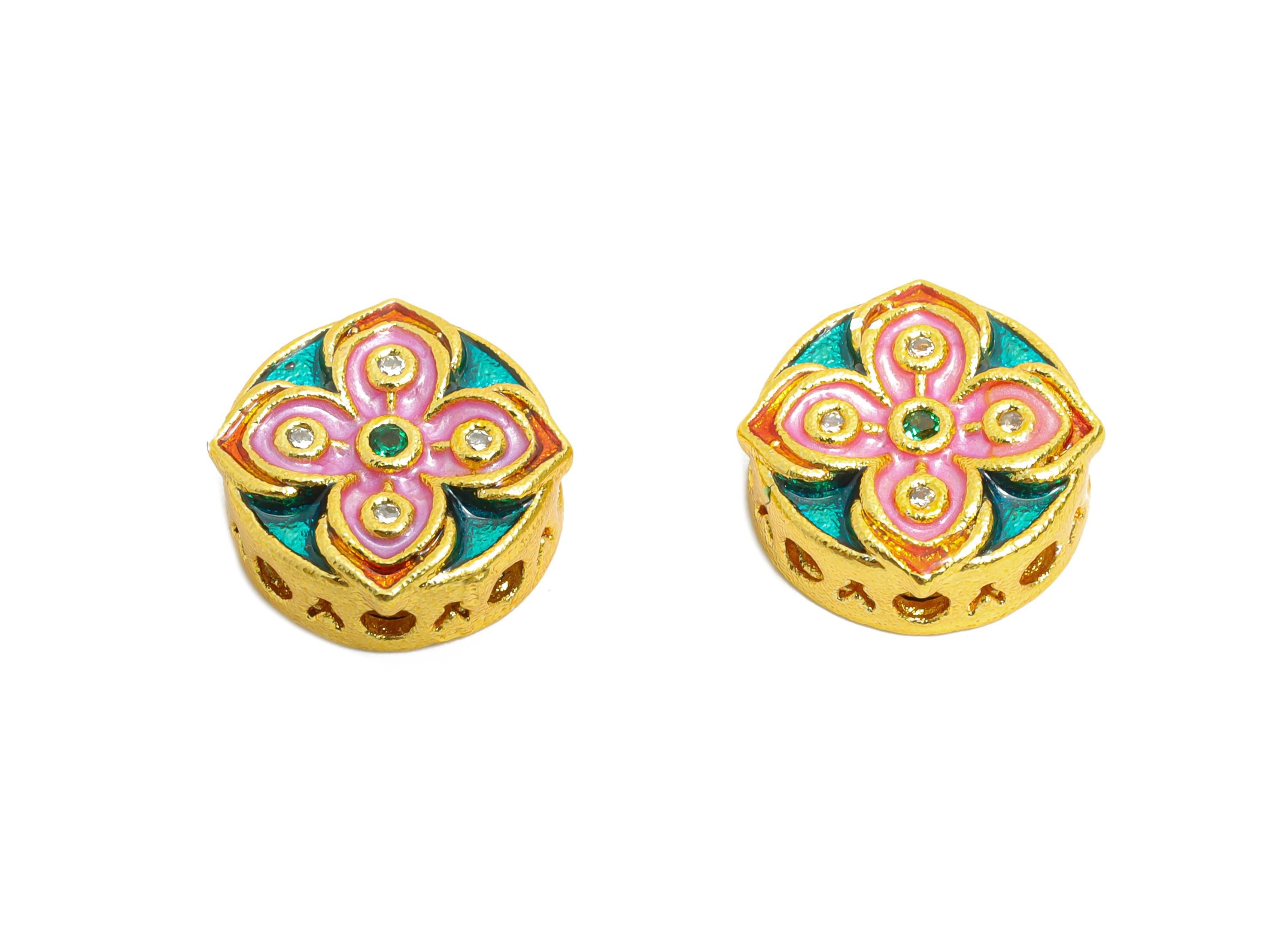 Brass Floral Bead - Colorful Enamel for Bracelets - Cubic Zircon Jewelry Bead - Eastern Bead - 18K Matte Gold - 11x12x4mm - RGP10717 - DOMEDBAZAAR