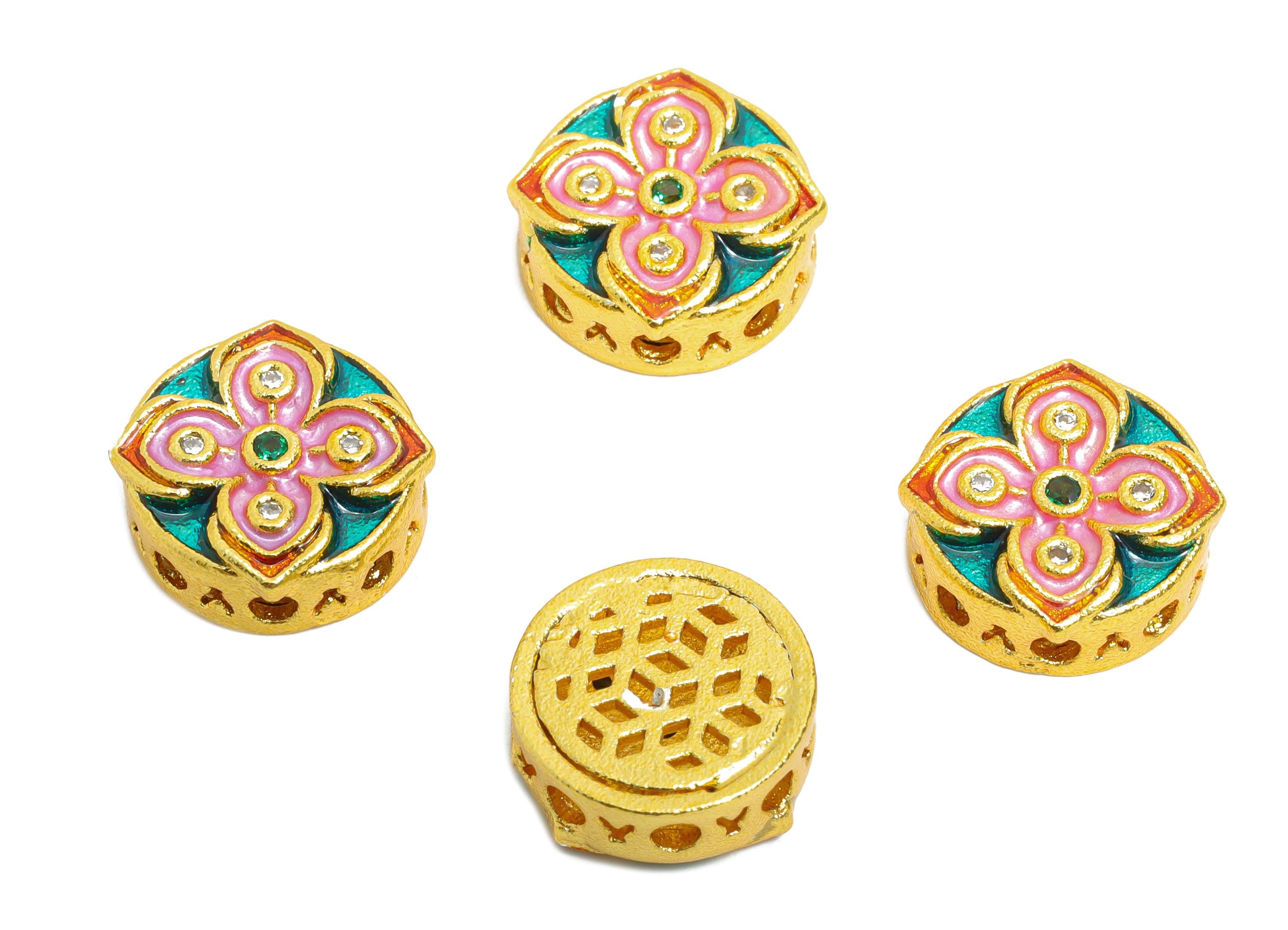 Brass Floral Bead - Colorful Enamel for Bracelets - Cubic Zircon Jewelry Bead - Eastern Bead - 18K Matte Gold - 11x12x4mm - RGP10717 - DOMEDBAZAAR