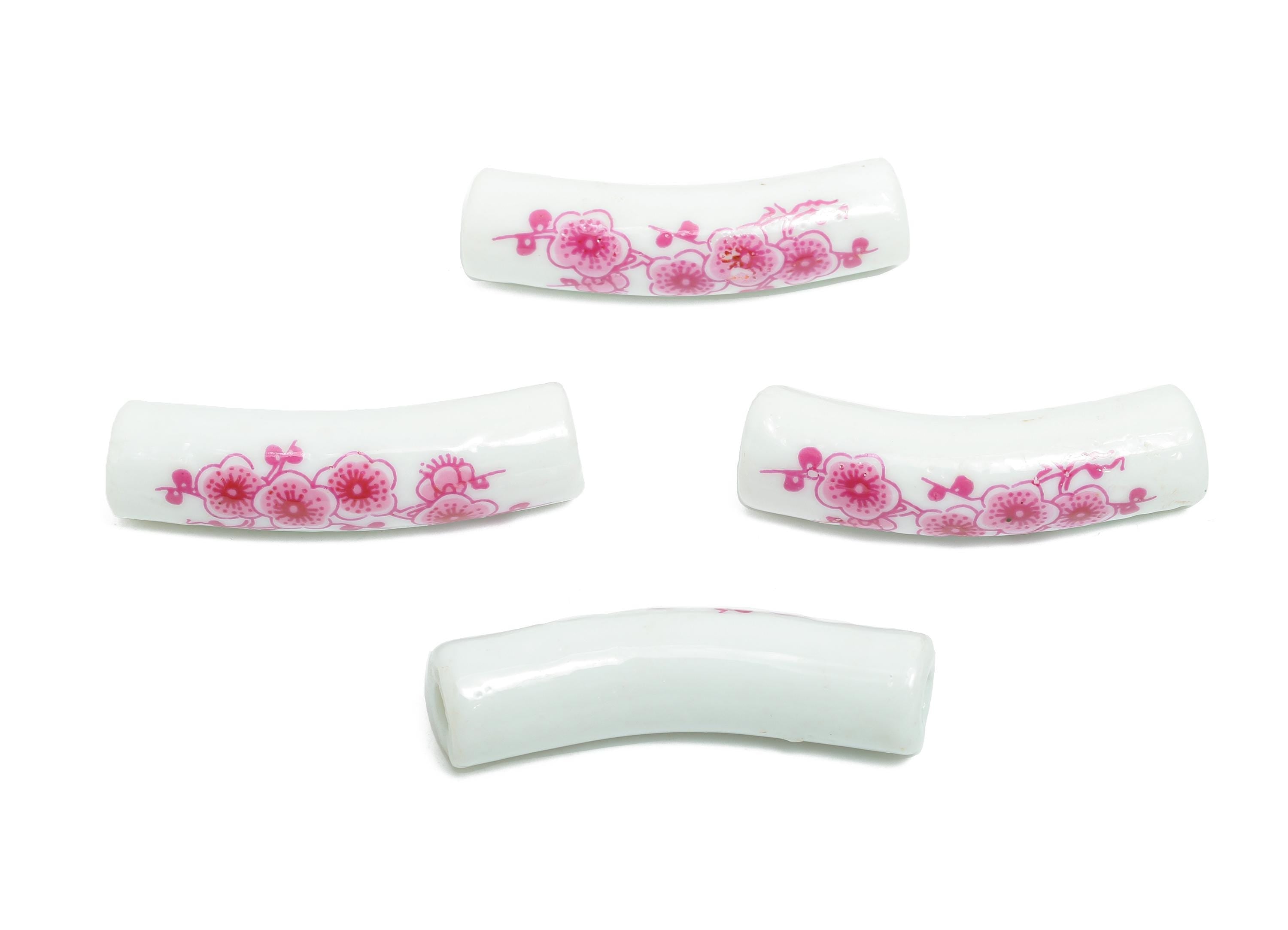 Glazed Ceramic Bracelet Bead - Floral Curved Spacer Tube Beads - Handmade Bead Connector - Jewelry Component - 39.22x11.24x10.1mm - GS1336 - DOMEDBAZAAR