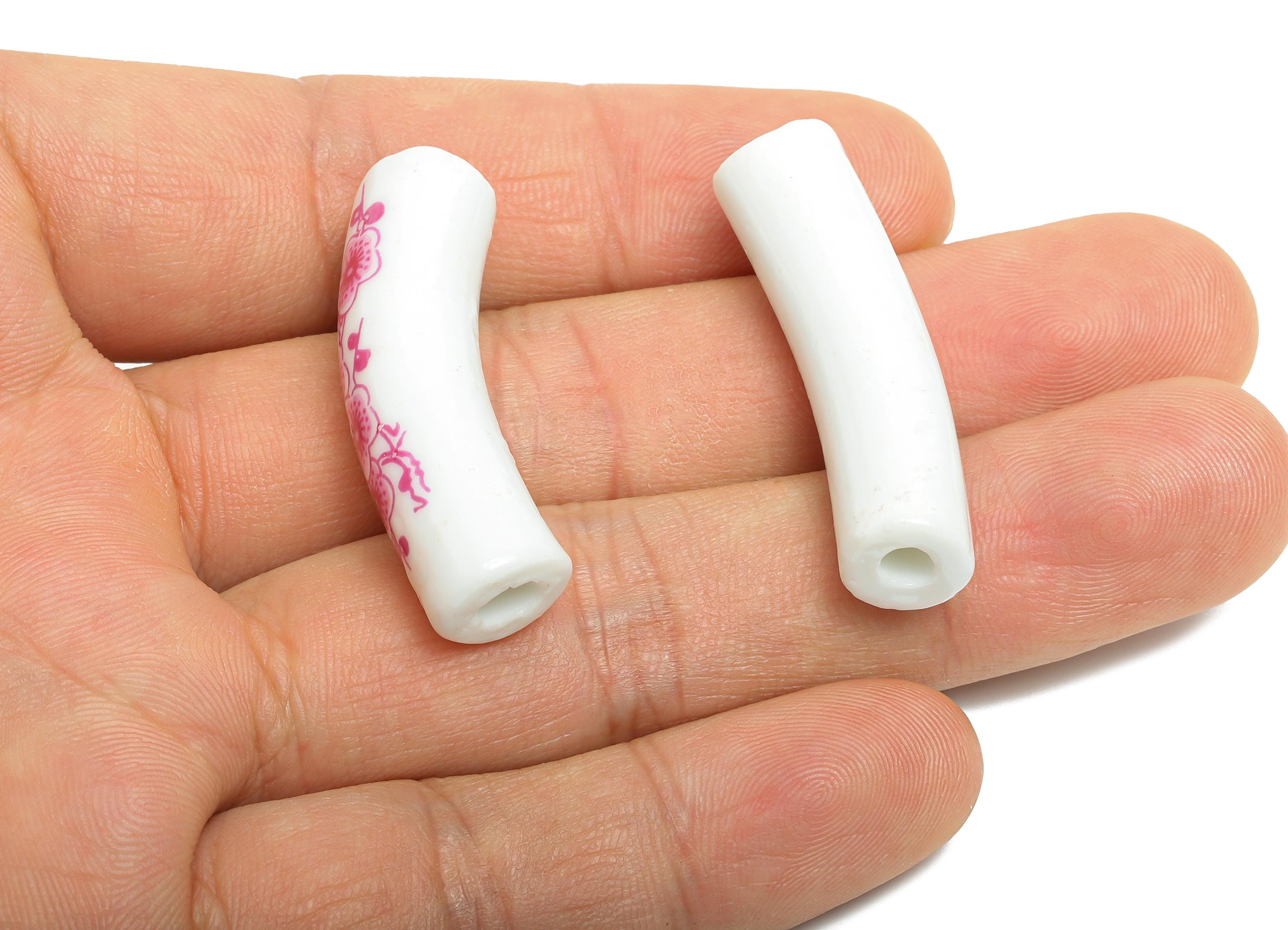 Glazed Ceramic Bracelet Bead - Floral Curved Spacer Tube Beads - Handmade Bead Connector - Jewelry Component - 39.22x11.24x10.1mm - GS1336 - DOMEDBAZAAR