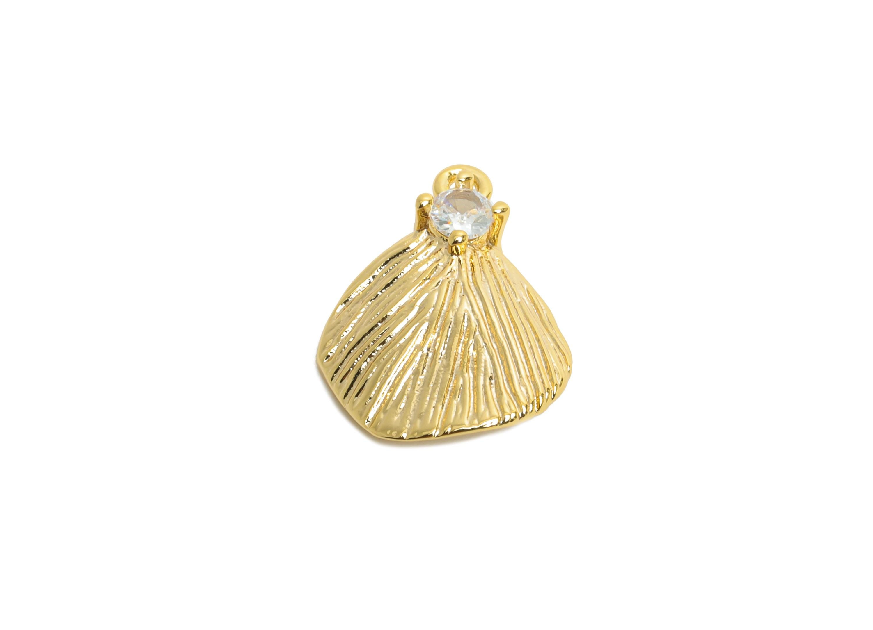 Brass CZ Seashell Charm - Brass Artistic Textured Earring Charm - Cubic Zircon Sparkling Gemstone - 18K Real Gold Plated - 11x15x3mm-RGP9934 - DOMEDBAZAAR