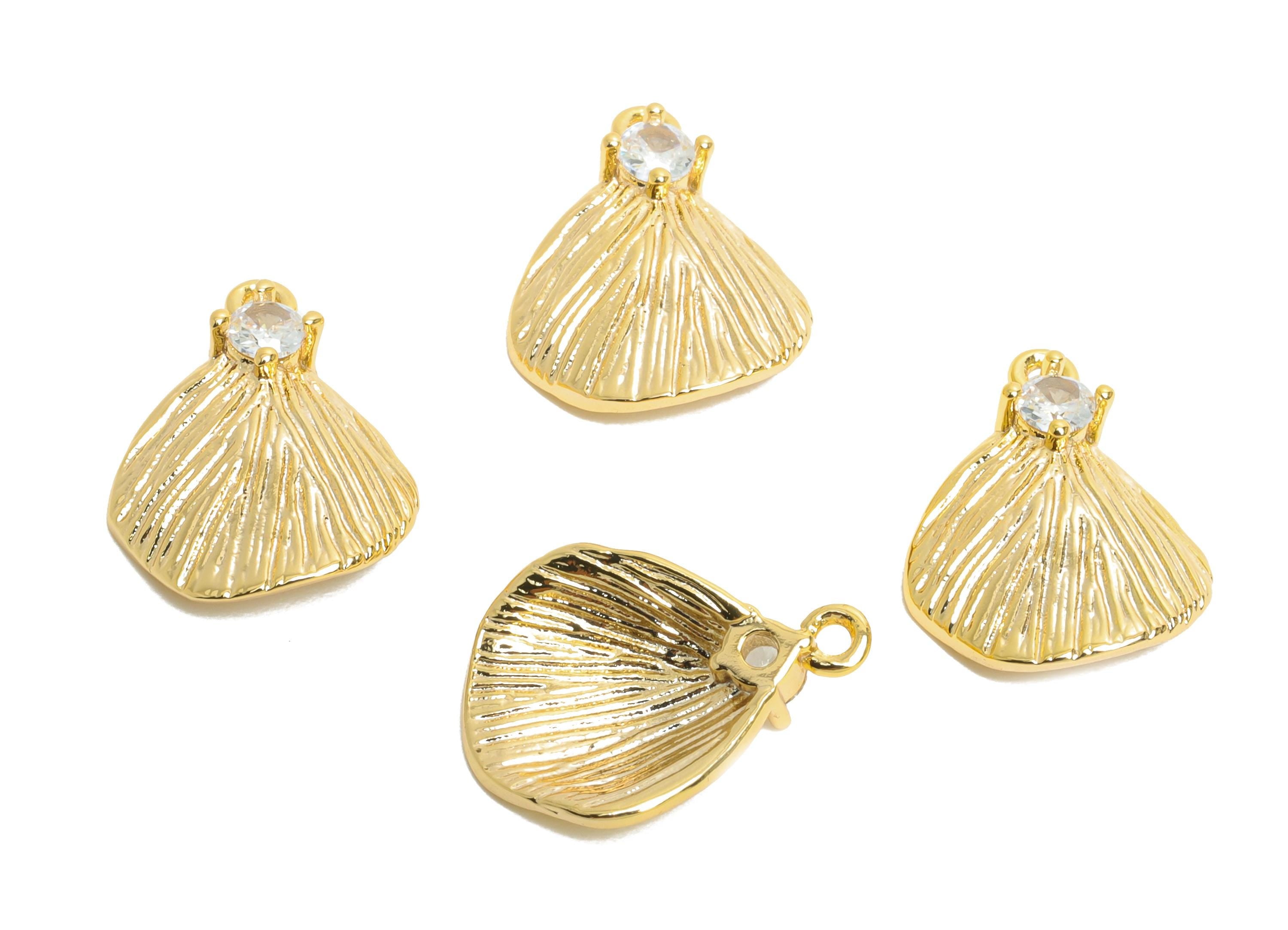 Brass CZ Seashell Charm - Brass Artistic Textured Earring Charm - Cubic Zircon Sparkling Gemstone - 18K Real Gold Plated - 11x15x3mm-RGP9934 - DOMEDBAZAAR