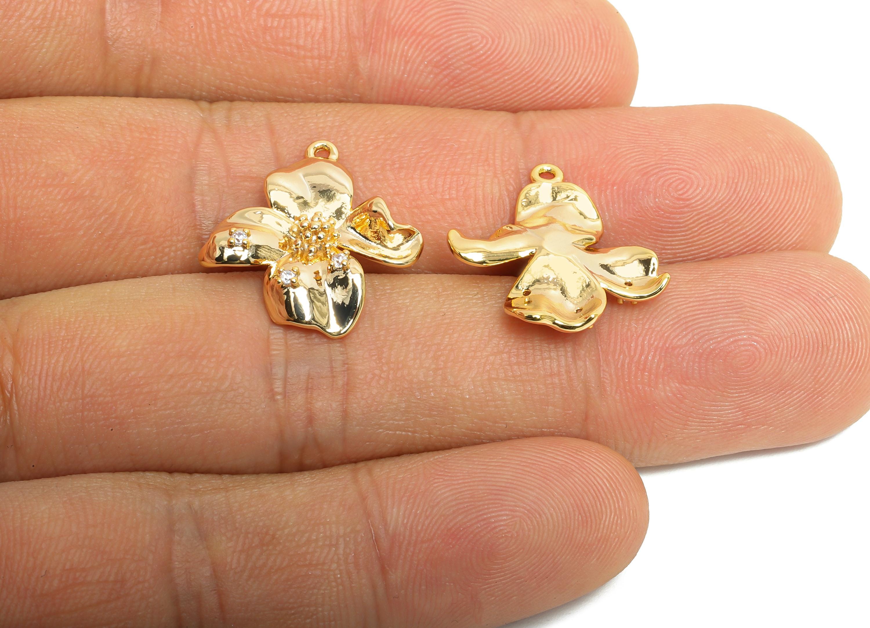 Brass Daisy Charm - Brass Elegant Flora Earring Charm - Cubic Zircon Nature Jewelry - Gold Pendant - 18K Real Gold Plated -19x14x3mm-RGP9927 - DOMEDBAZAAR