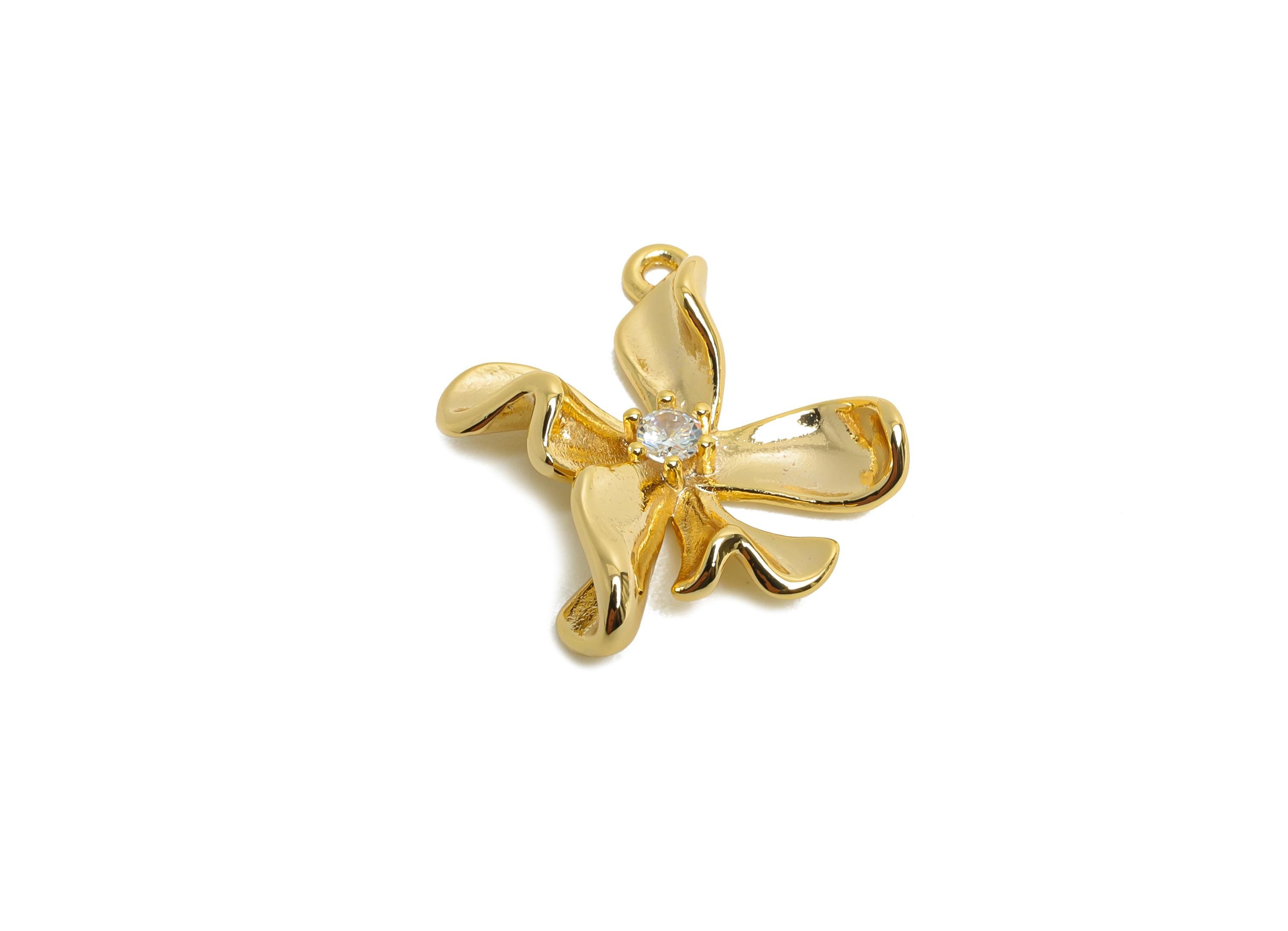 Brass Flower Charm - Brass Flora Earring Charm - Cubic Zircon Nature Jewelry - Gold Pendant - 18K Real Gold Plated - 20x15x4.7mm - RGP9921 - DOMEDBAZAAR