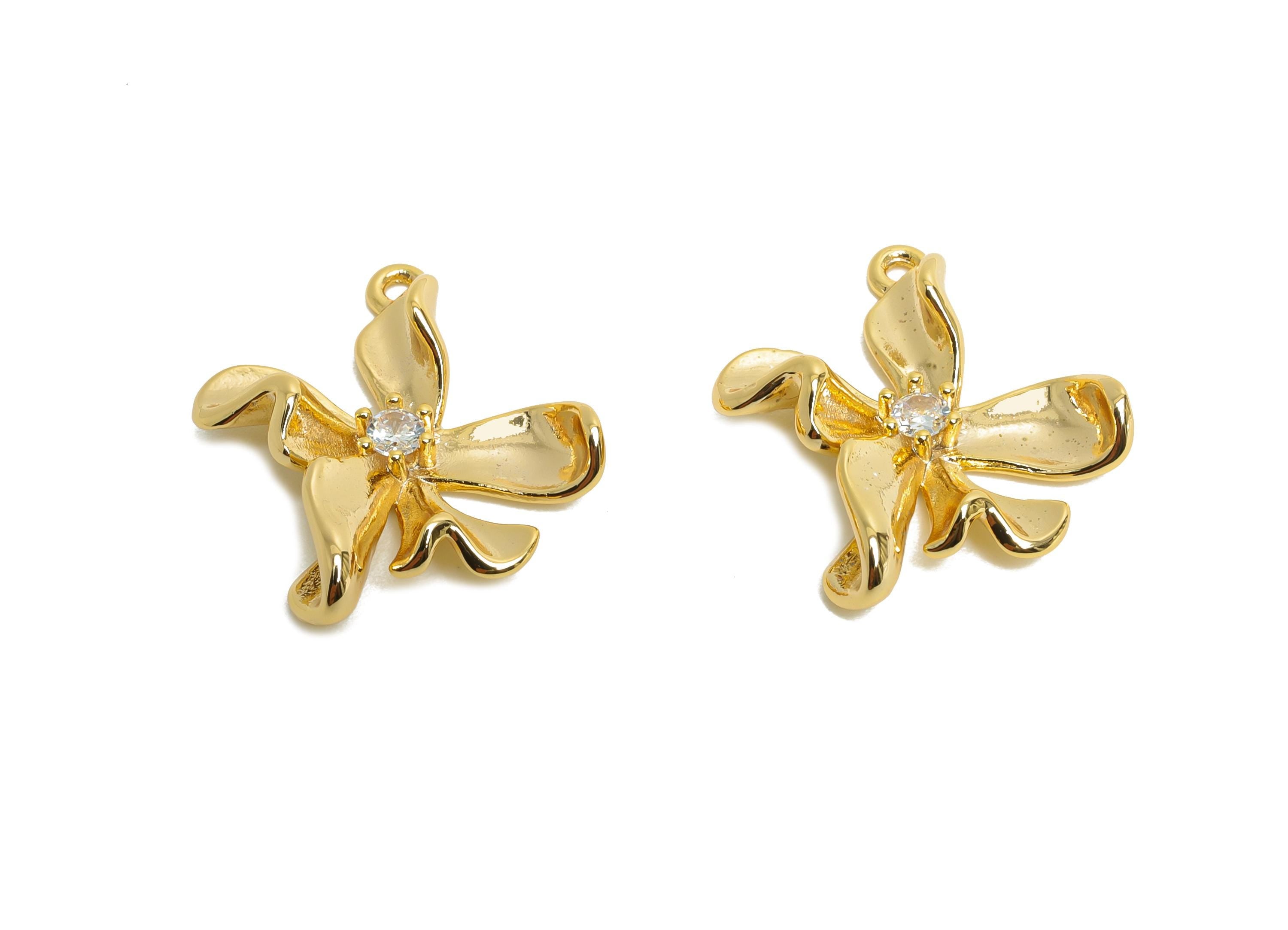 Brass Flower Charm - Brass Flora Earring Charm - Cubic Zircon Nature Jewelry - Gold Pendant - 18K Real Gold Plated - 20x15x4.7mm - RGP9921 - DOMEDBAZAAR