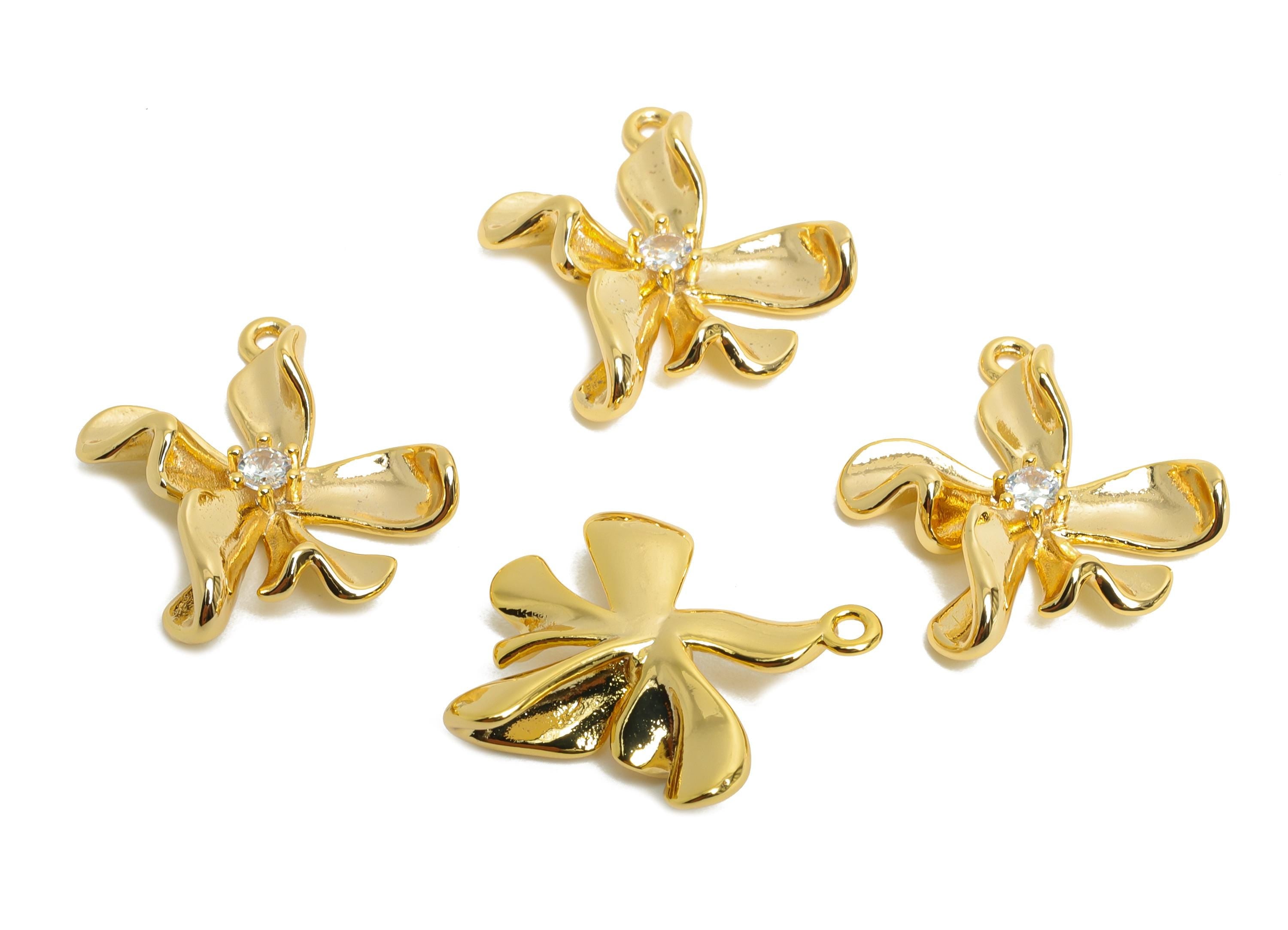 Brass Flower Charm - Brass Flora Earring Charm - Cubic Zircon Nature Jewelry - Gold Pendant - 18K Real Gold Plated - 20x15x4.7mm - RGP9921 - DOMEDBAZAAR