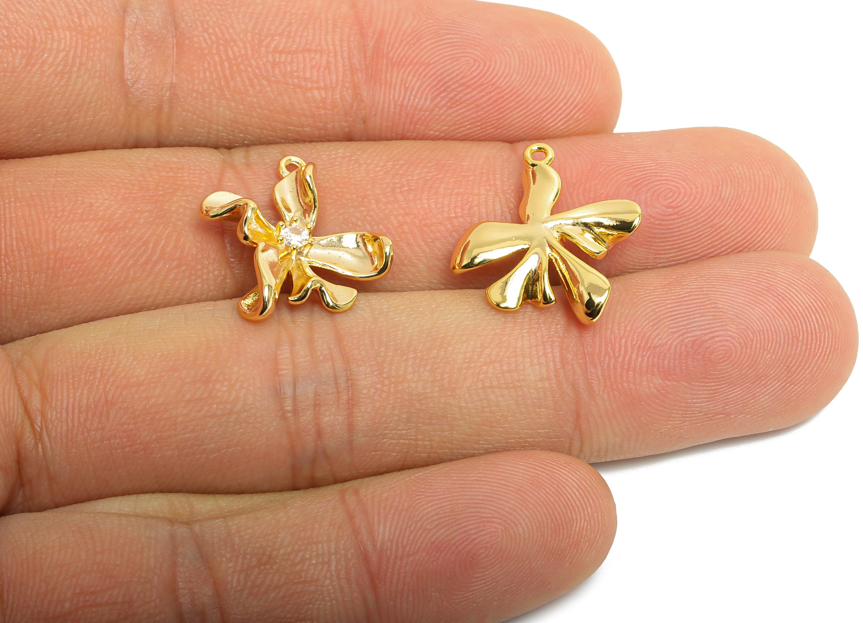 Brass Flower Charm - Brass Flora Earring Charm - Cubic Zircon Nature Jewelry - Gold Pendant - 18K Real Gold Plated - 20x15x4.7mm - RGP9921 - DOMEDBAZAAR