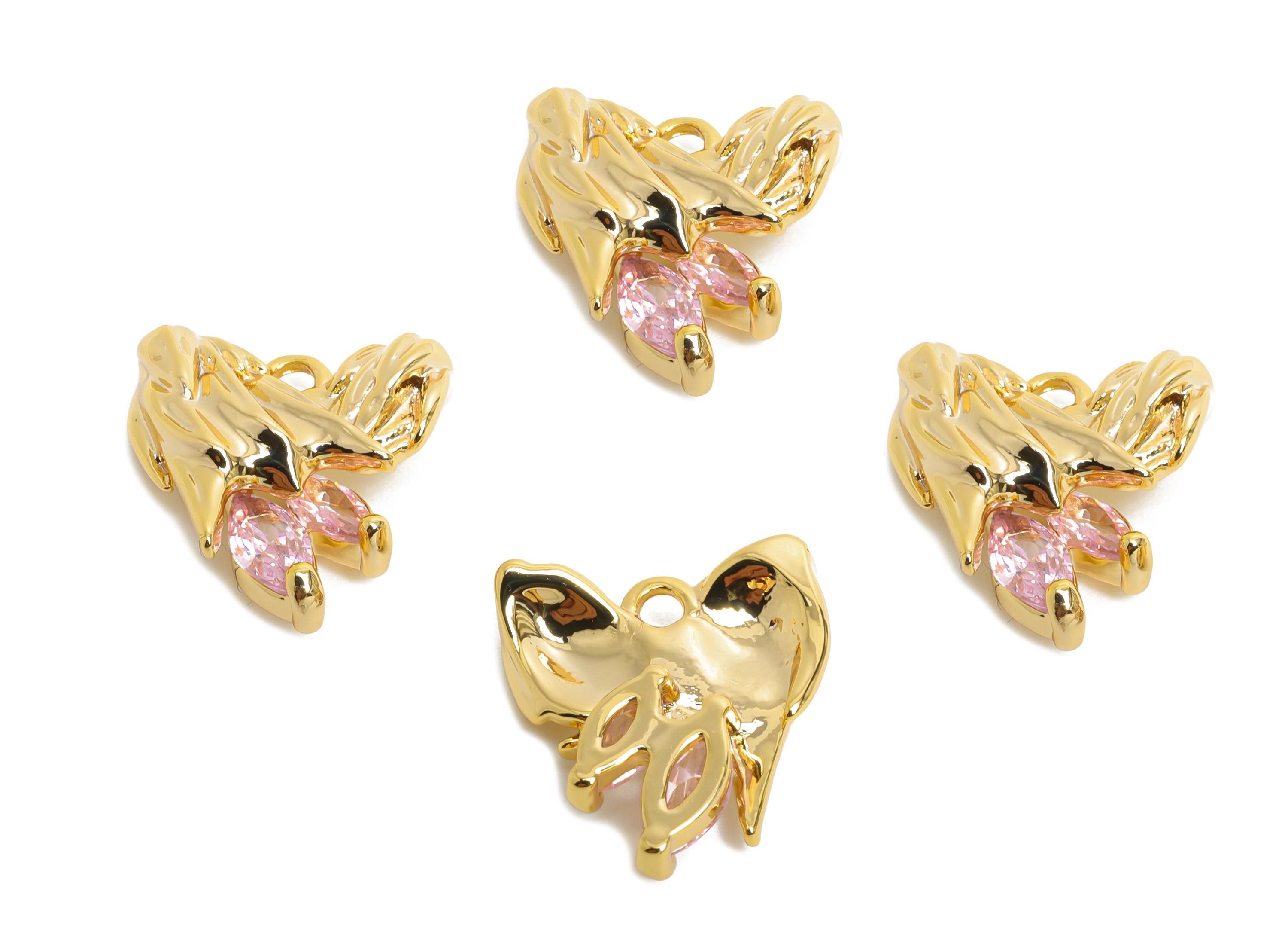 Brass CZ Floral Charm - Brass Sparking Zircon Textured Botanical Jewelry - Nature Gold Jewelry - 18K Real Gold Plated - 13x12x4mm - RGP9891 - DOMEDBAZAAR