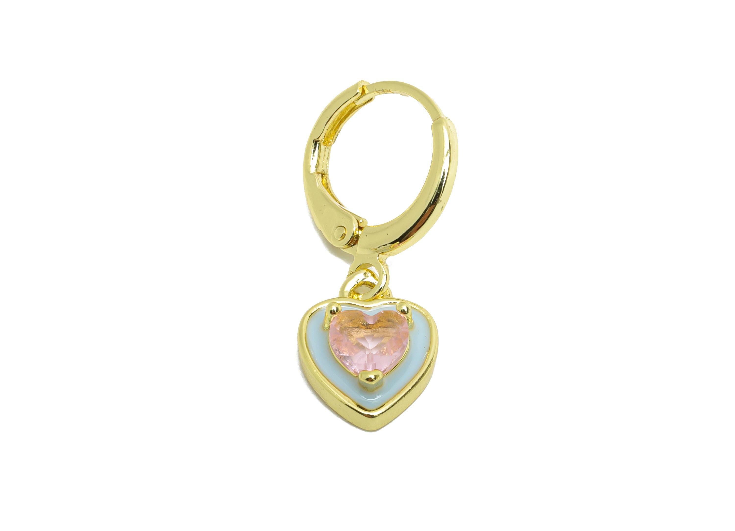 Dangle Hoop Lever back Earring - Blue Enamel Heart Earring - Brass CZ Huggie Hoop Clasp - 18K Real Gold Plated - 25.04x8.99x3.83mm - RGP9811 - DOMEDBAZAAR