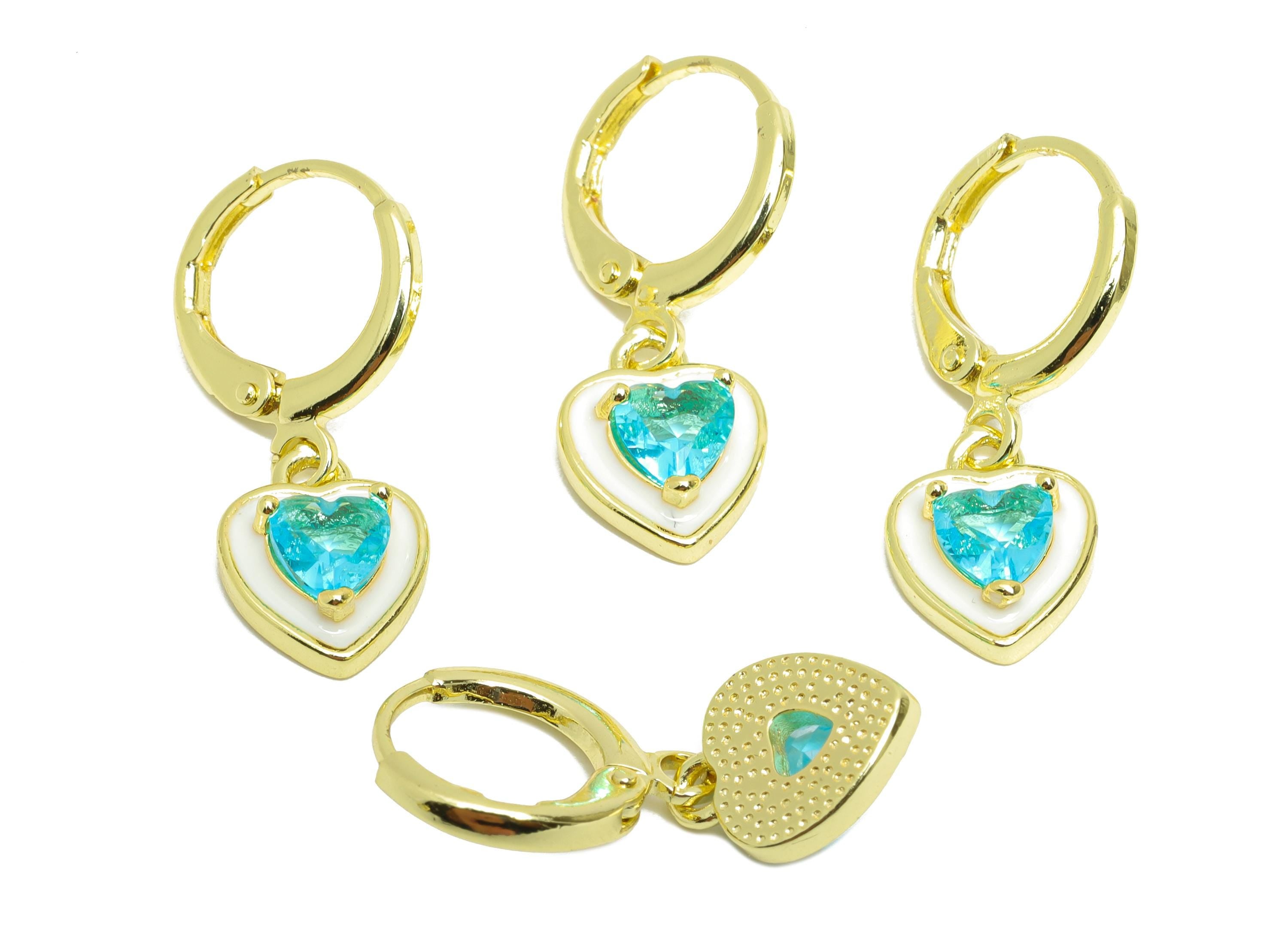 Dangle Hoop Lever back Earring - White Enamel Heart Earring - Brass CZ Huggie Hoop Clasp - 18K Real Gold Plated - 25.04x8.99x3.83mm -RGP9813 - DOMEDBAZAAR