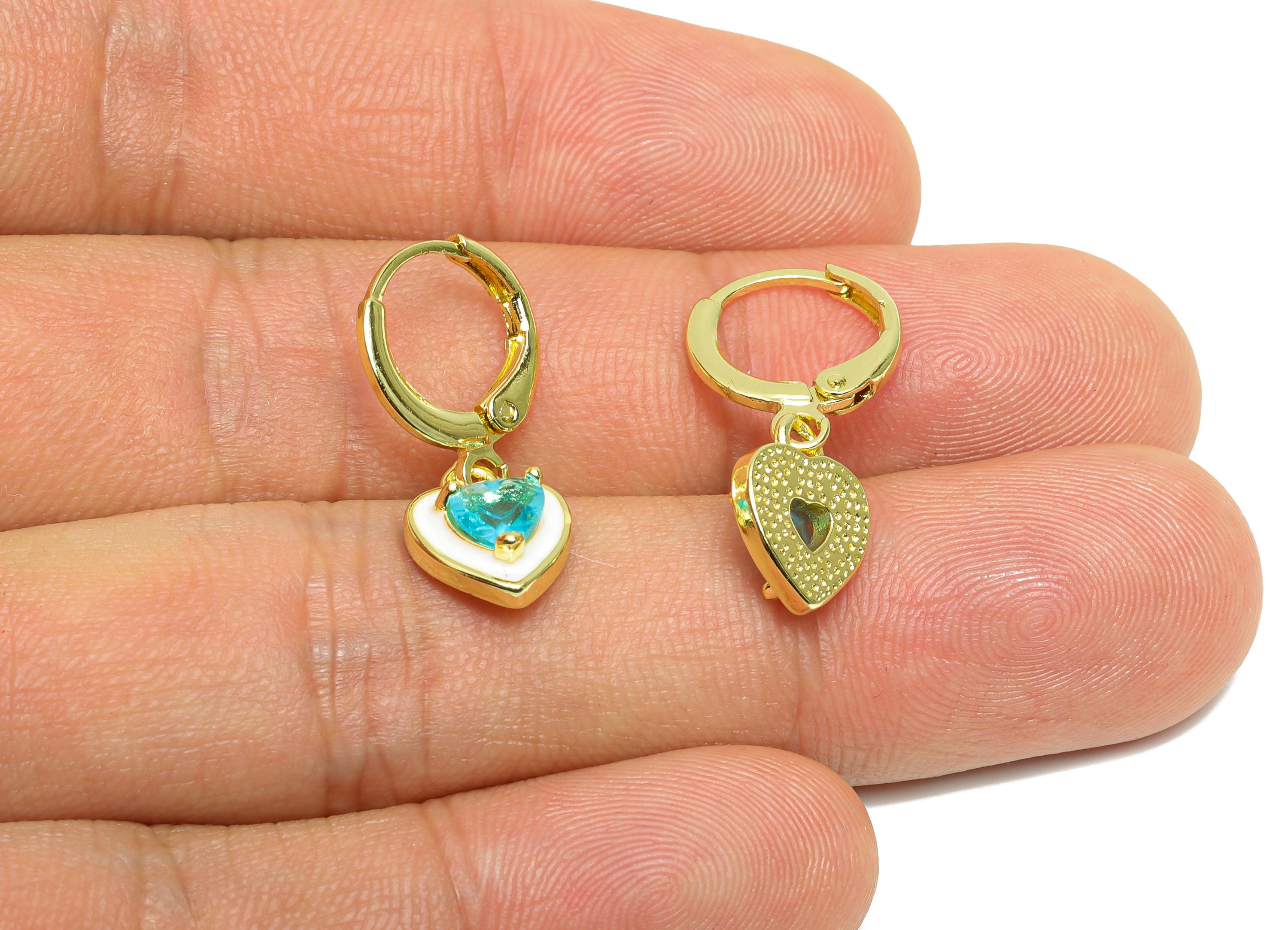 Dangle Hoop Lever back Earring - White Enamel Heart Earring - Brass CZ Huggie Hoop Clasp - 18K Real Gold Plated - 25.04x8.99x3.83mm -RGP9813 - DOMEDBAZAAR