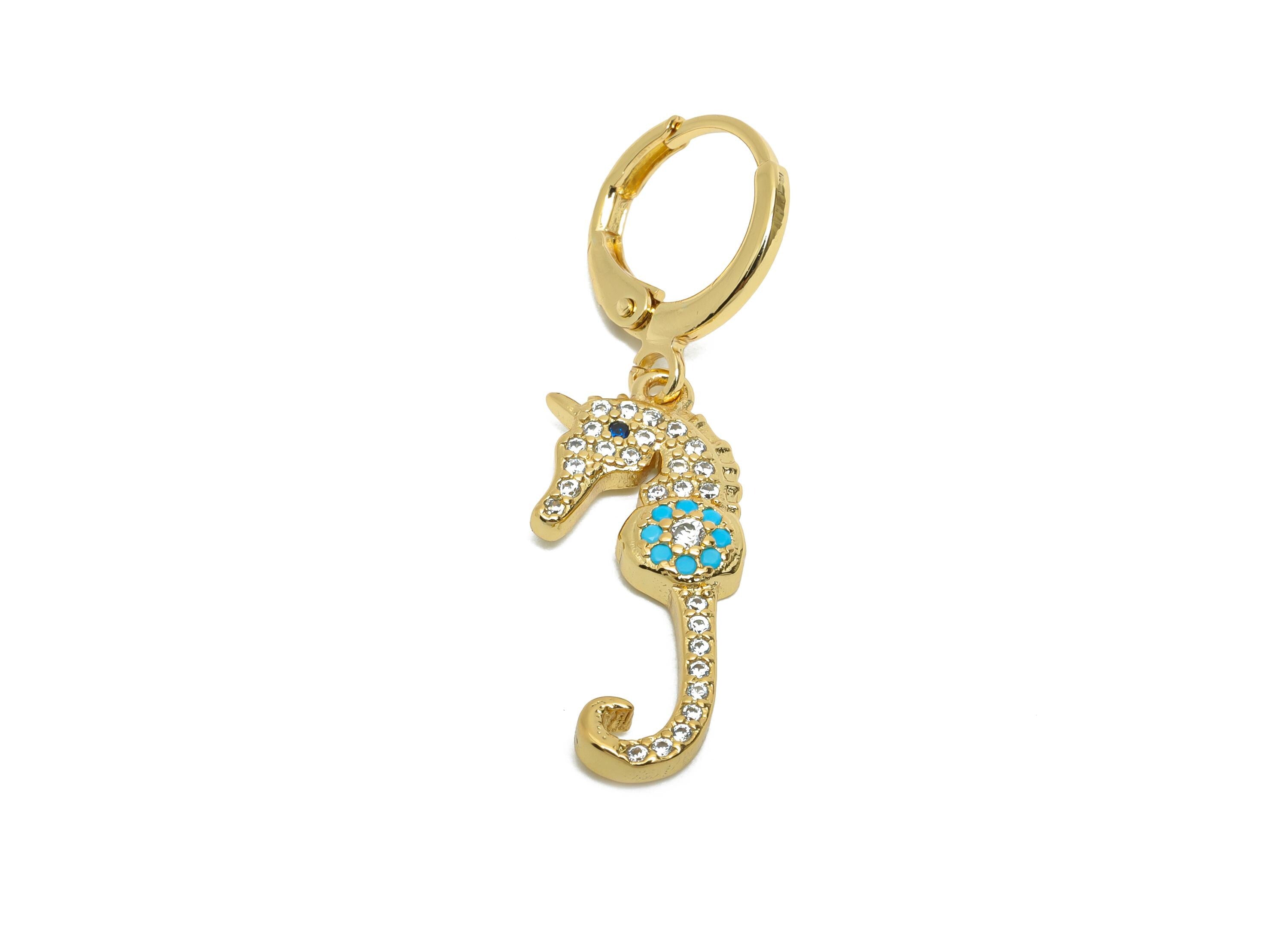Dangle Seahorse Hoop Lever back Earring - Gold CZ Hanging Earring - Brass Huggie Hoop Clasp - 18K Gold Plated - 34.74x10.1x2.8mm - RGP9791 - DOMEDBAZAAR