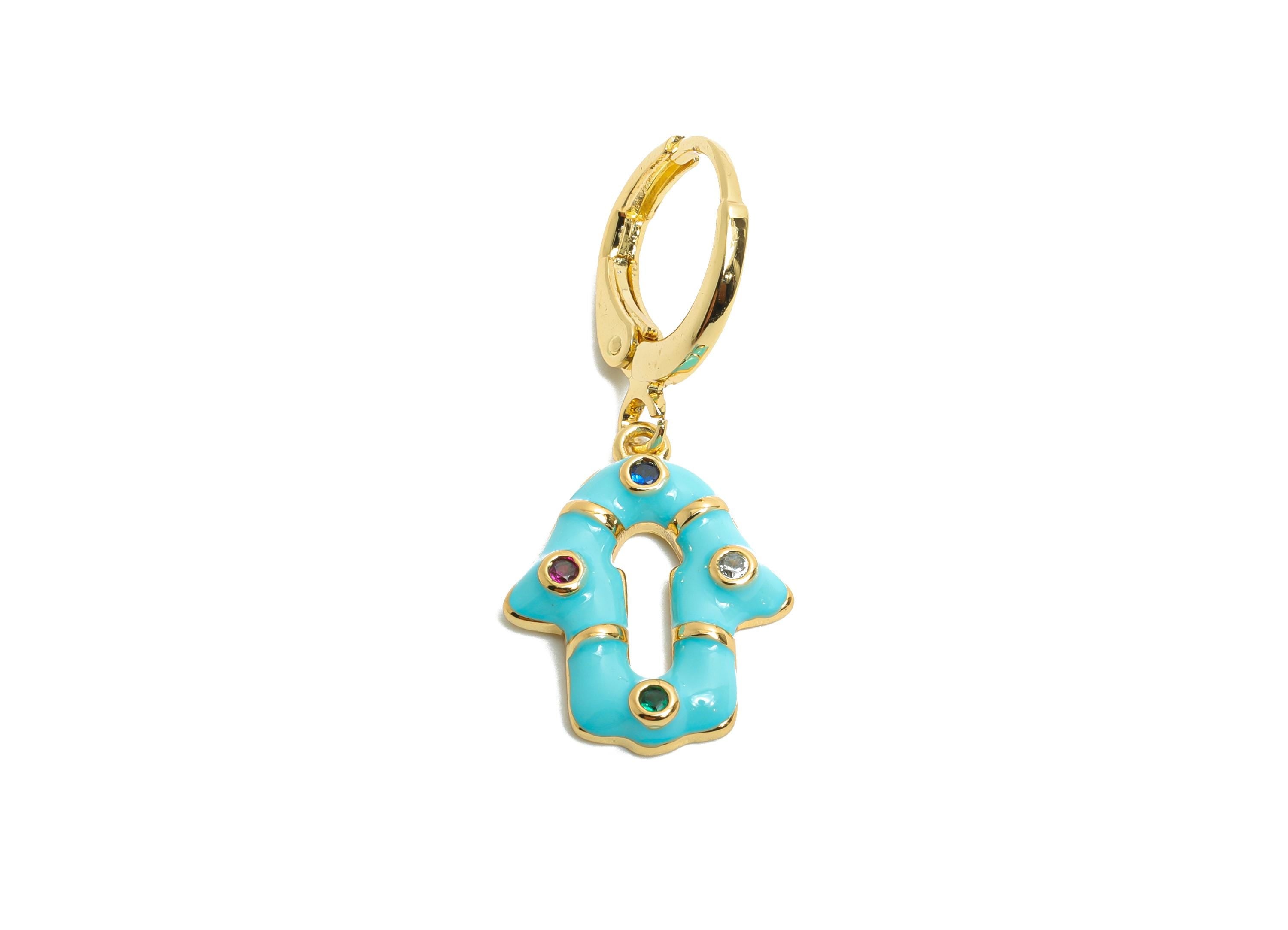 Dangle Hoop Lever back Earring - Blue Enamel House Keyhole Earring - Brass CZ Huggie Hoop Clasp - 18K Gold Plated-30.55x13.22x2.63mm-RGP9795 - DOMEDBAZAAR