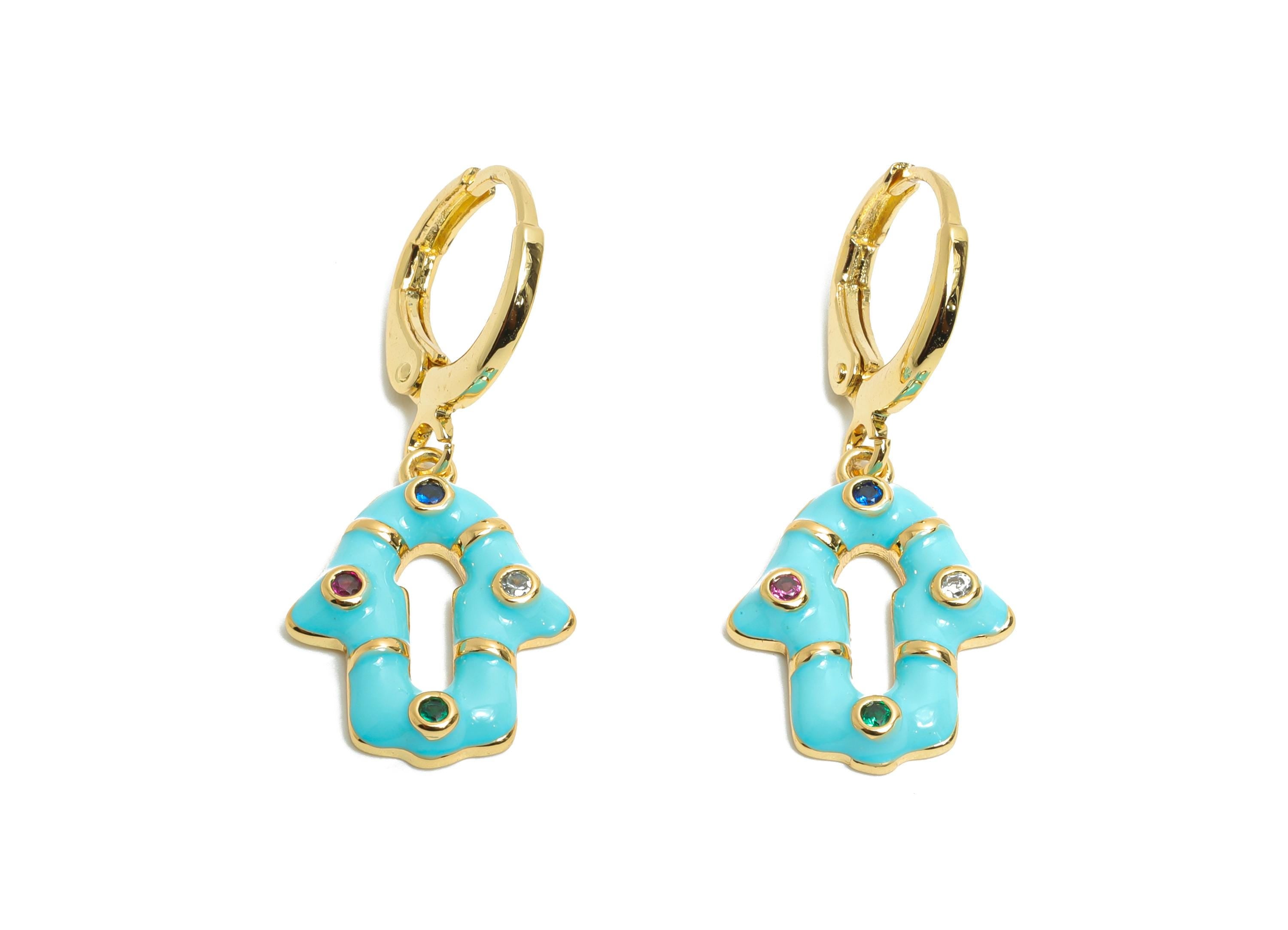 Dangle Hoop Lever back Earring - Blue Enamel House Keyhole Earring - Brass CZ Huggie Hoop Clasp - 18K Gold Plated-30.55x13.22x2.63mm-RGP9795 - DOMEDBAZAAR
