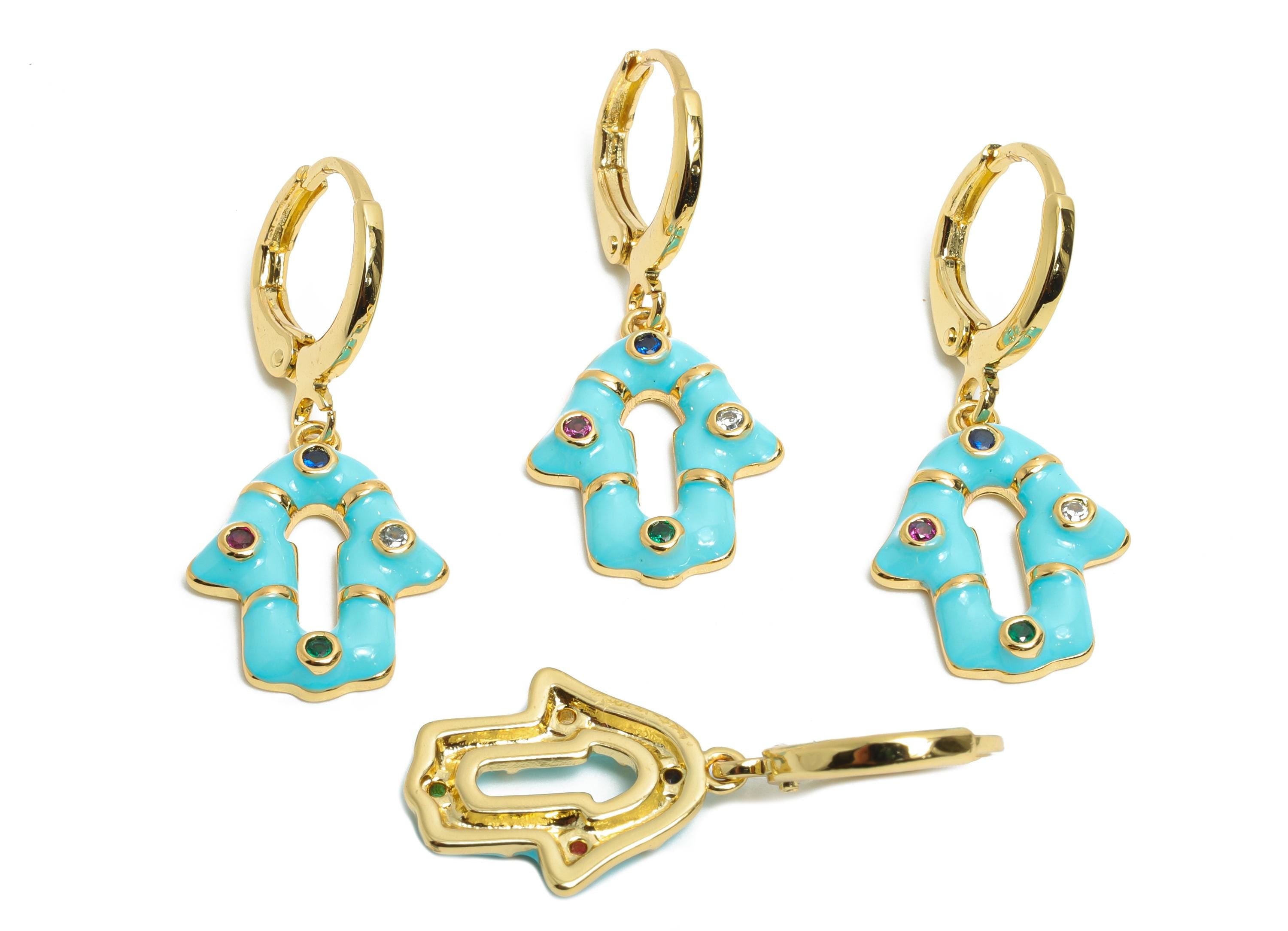 Dangle Hoop Lever back Earring - Blue Enamel House Keyhole Earring - Brass CZ Huggie Hoop Clasp - 18K Gold Plated-30.55x13.22x2.63mm-RGP9795 - DOMEDBAZAAR
