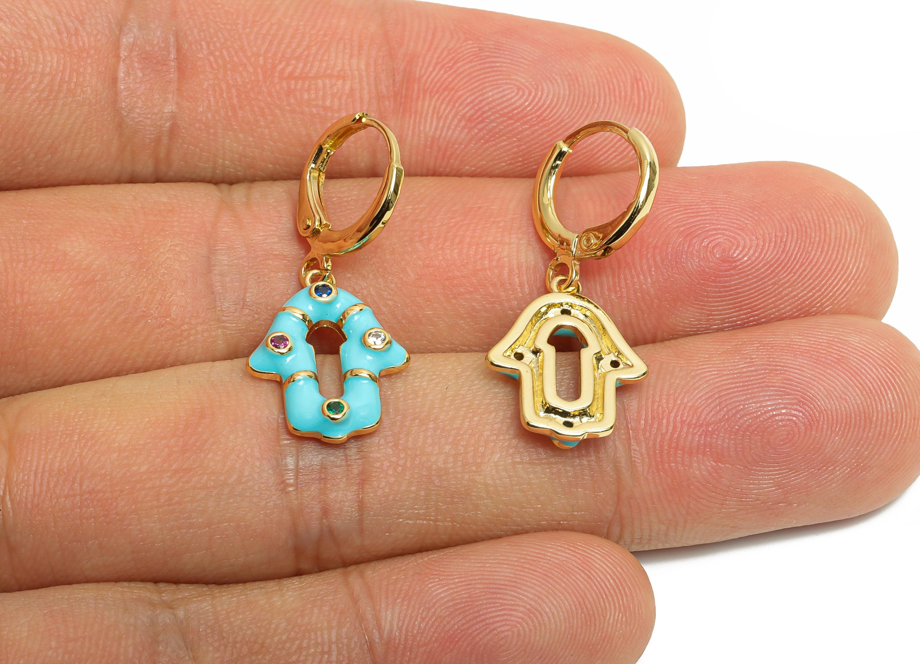 Dangle Hoop Lever back Earring - Blue Enamel House Keyhole Earring - Brass CZ Huggie Hoop Clasp - 18K Gold Plated-30.55x13.22x2.63mm-RGP9795 - DOMEDBAZAAR
