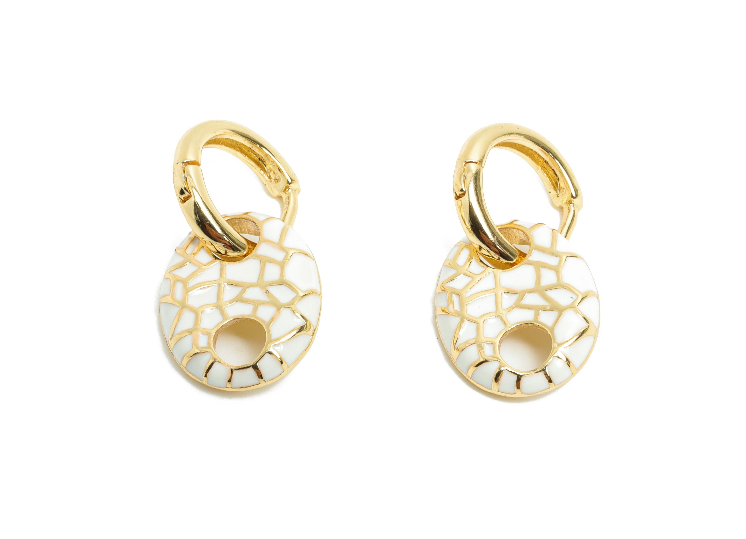 Gold Dangle Hoop Clasp - White Enamel Colorful Earring - Modern Brass Huggie Hoop Clasp - 18K Real Gold Plated - 22.25x11.66x2.96mm -RGP9778 - DOMEDBAZAAR
