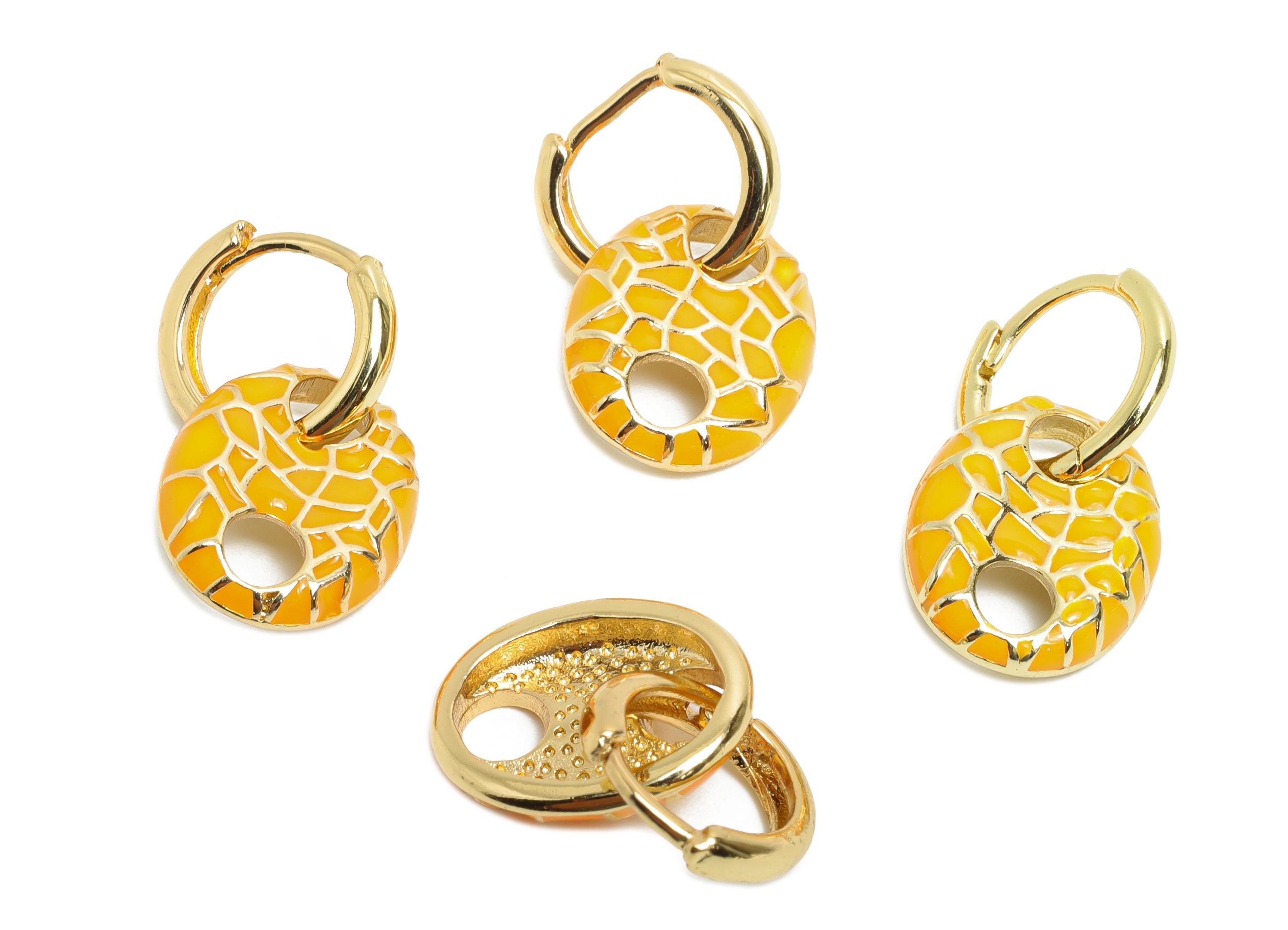 Gold Dangle Hoop Clasp - Orange Enamel Colorful Earring - Modern Brass Huggie Hoop Clasp - 18K Real Gold Plated -22.25x11.66x2.96mm -RGP9780 - DOMEDBAZAAR