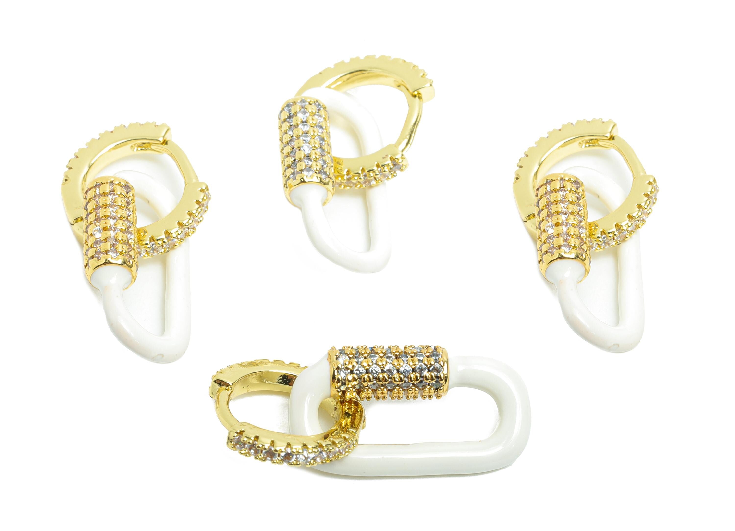 Gold Dangle CZ Hoop Clasp - White Enamel Oval Earring - Refined Brass Huggie Hoop Clasp - 18K Real Gold Plated - 24.51x11.7x3.85mm - RGP9783 - DOMEDBAZAAR