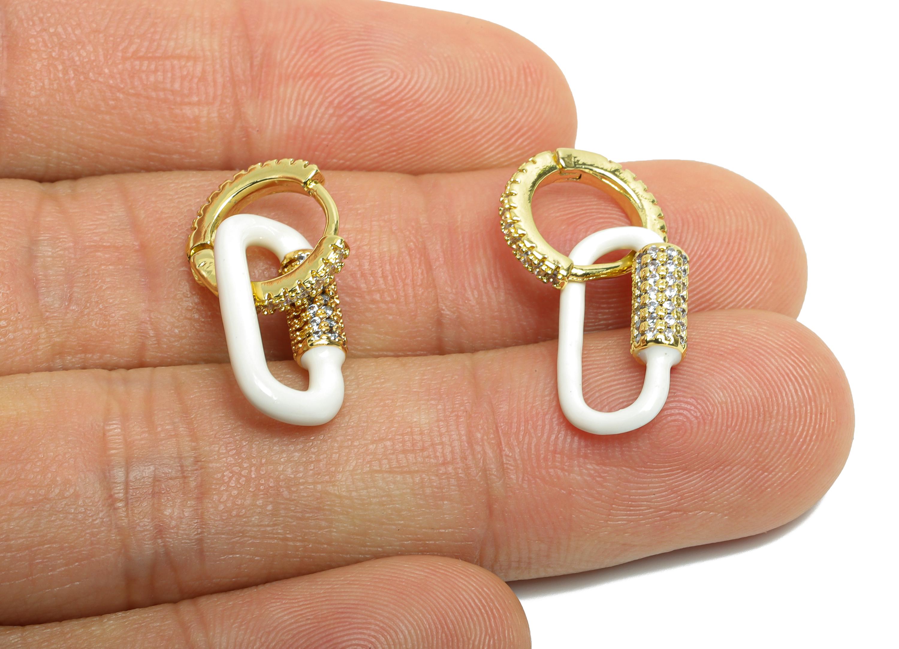 Gold Dangle CZ Hoop Clasp - White Enamel Oval Earring - Refined Brass Huggie Hoop Clasp - 18K Real Gold Plated - 24.51x11.7x3.85mm - RGP9783 - DOMEDBAZAAR