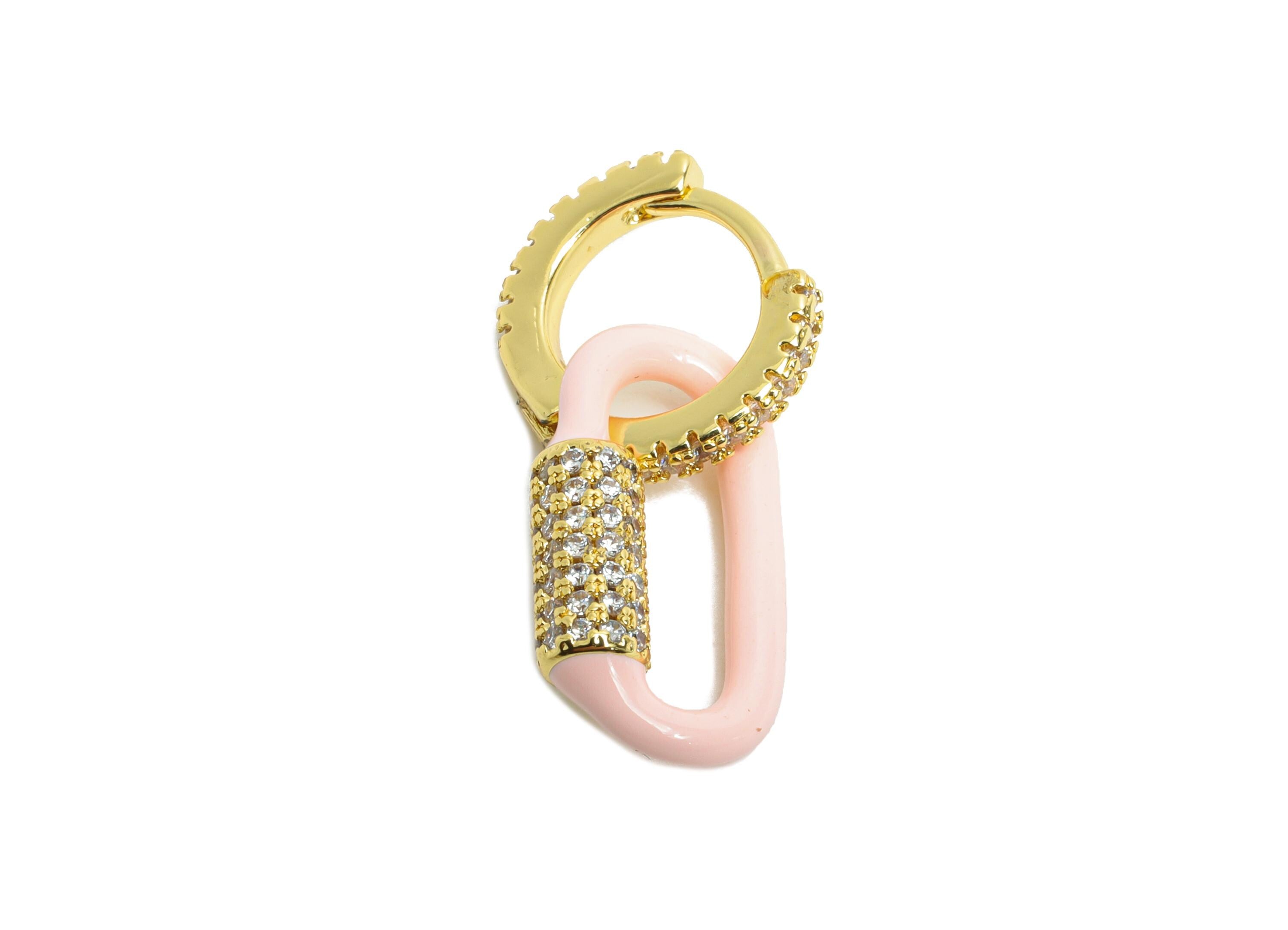 Gold Dangle CZ Hoop Clasp - Pink Enamel Oval Earring - Refined Brass Huggie Hoop Clasp - 18K Real Gold Plated - 24.51x11.7x3.85mm - RGP9784 - DOMEDBAZAAR