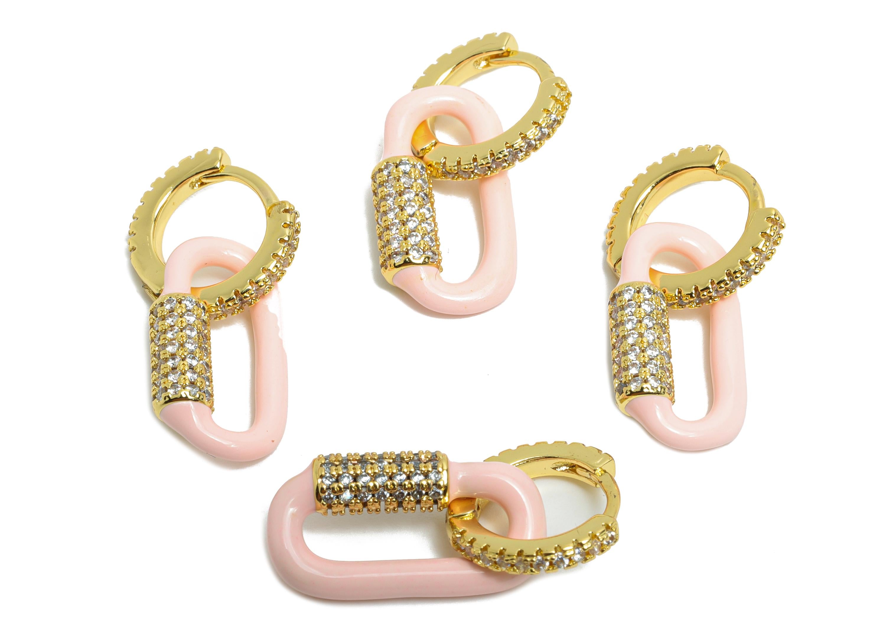 Gold Dangle CZ Hoop Clasp - Pink Enamel Oval Earring - Refined Brass Huggie Hoop Clasp - 18K Real Gold Plated - 24.51x11.7x3.85mm - RGP9784 - DOMEDBAZAAR