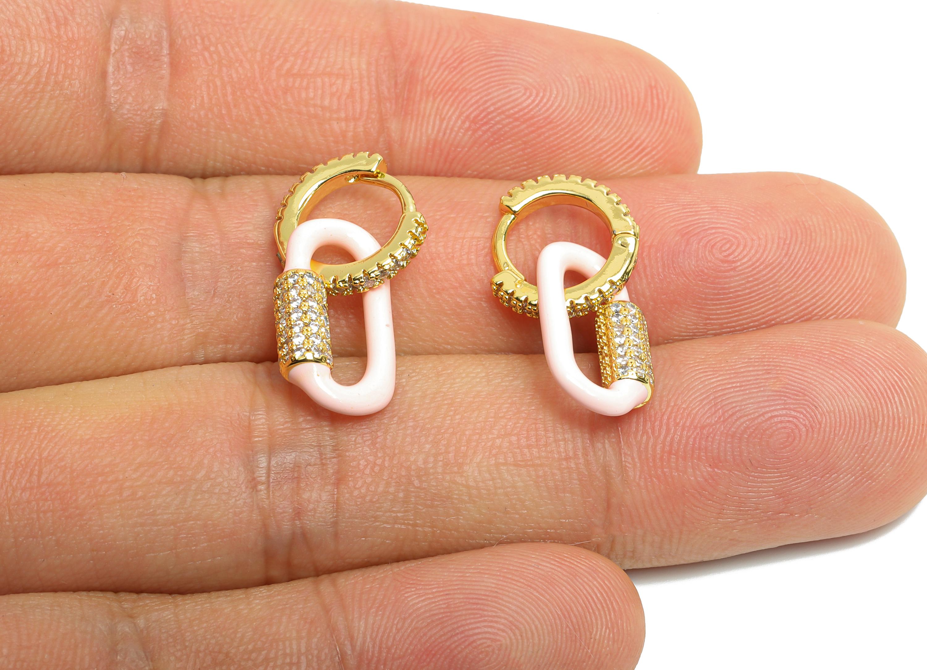 Gold Dangle CZ Hoop Clasp - Pink Enamel Oval Earring - Refined Brass Huggie Hoop Clasp - 18K Real Gold Plated - 24.51x11.7x3.85mm - RGP9784 - DOMEDBAZAAR