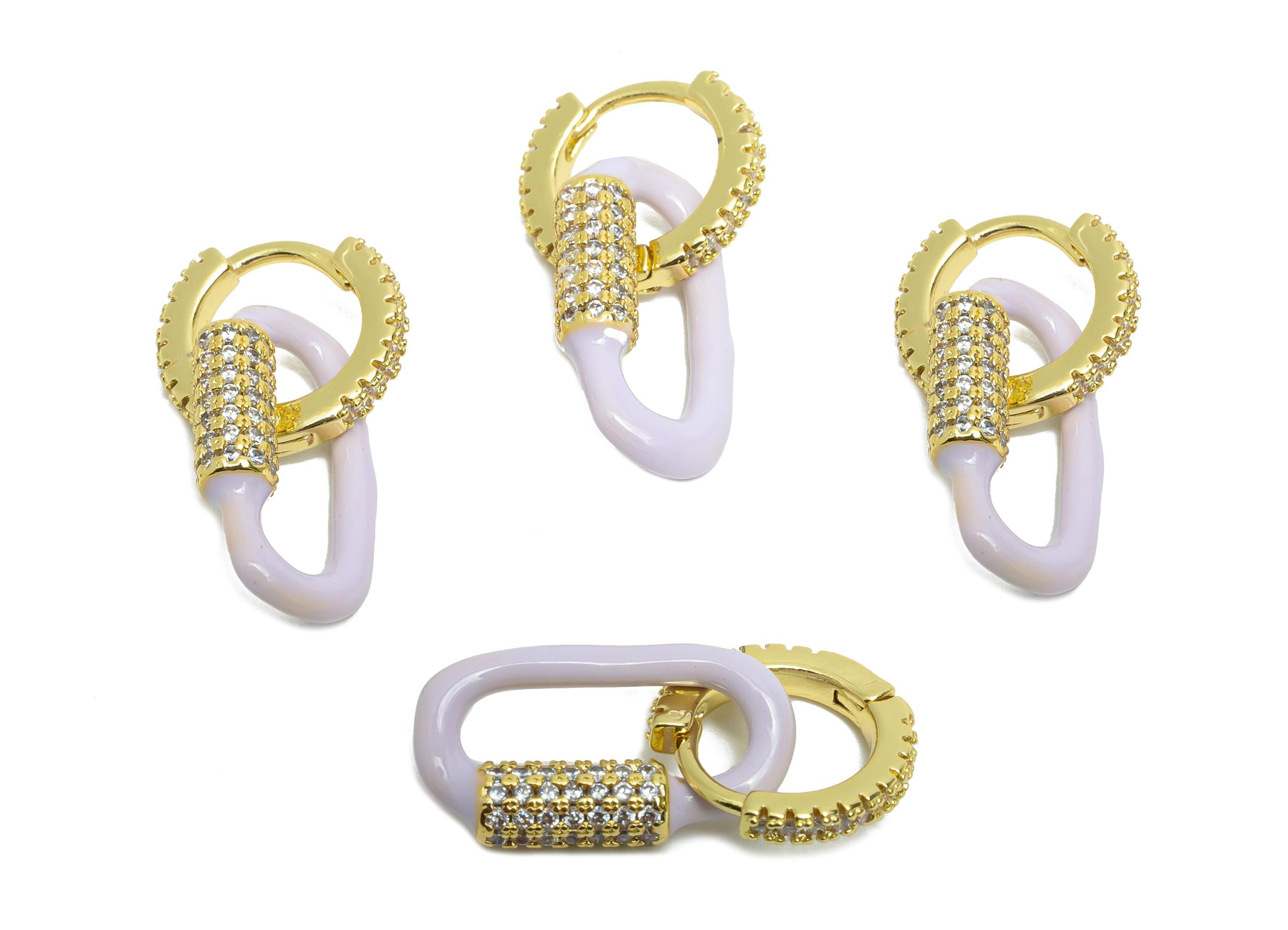 Gold Dangle CZ Hoop Clasp - Purple Enamel Oval Earring - Refined Brass Huggie Hoop Clasp - 18K Real Gold Plated - 24.51x11.7x3.85mm -RGP9785 - DOMEDBAZAAR