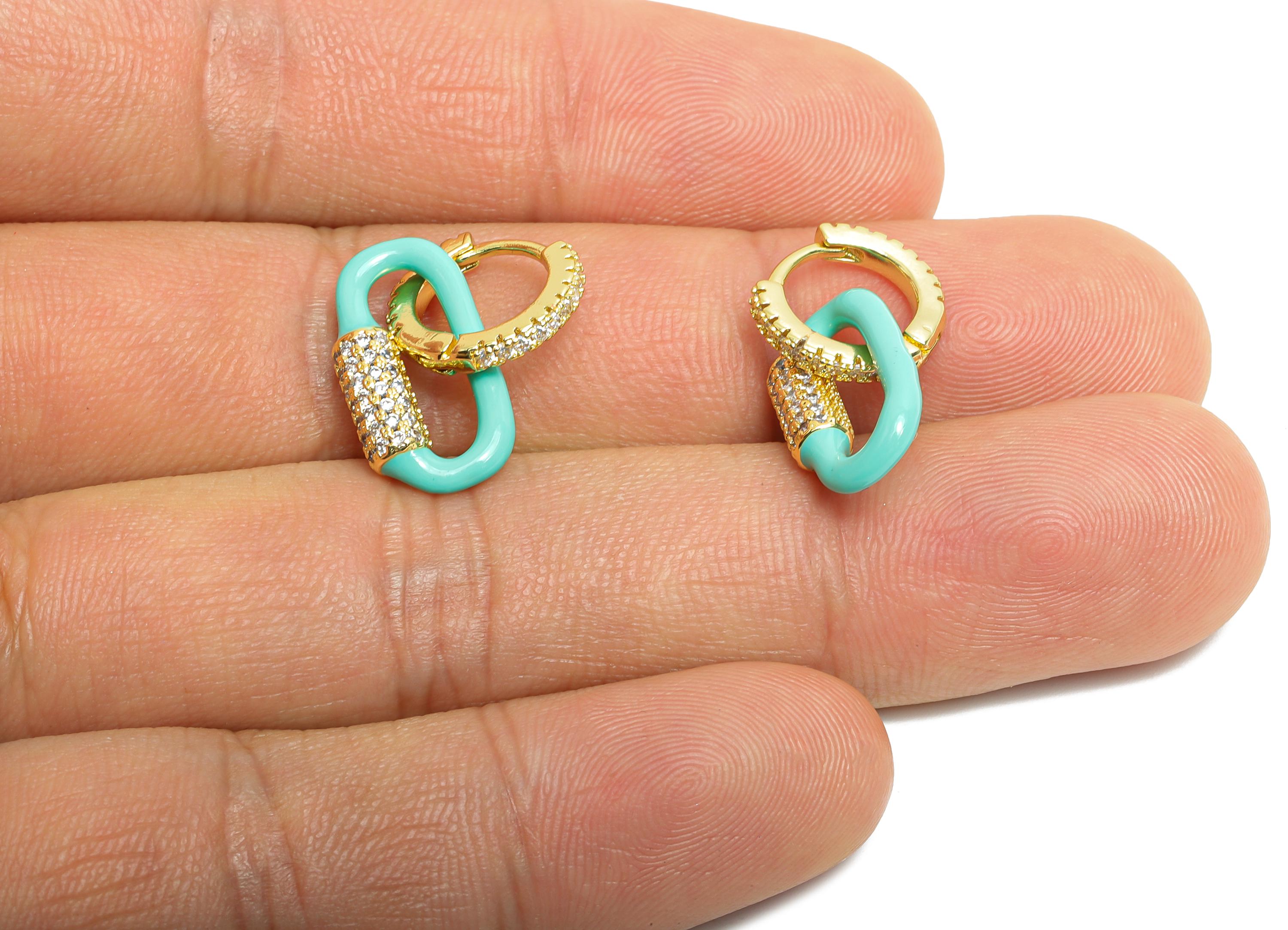 Gold Dangle CZ Hoop Clasp - Blue Enamel Oval Earring - Refined Brass Huggie Hoop Clasp - 18K Real Gold Plated - 24.51x11.7x3.85mm - RGP9786 - DOMEDBAZAAR