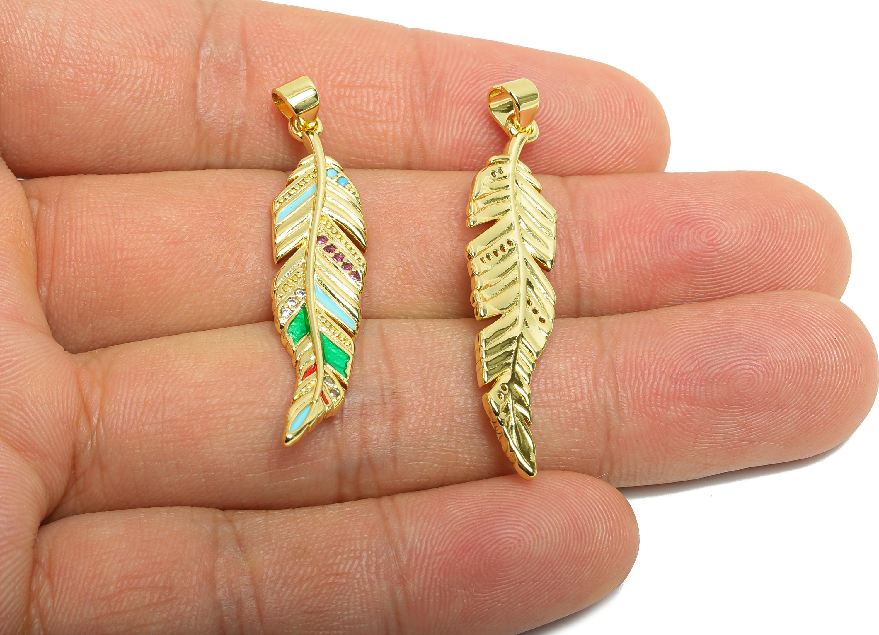 Brass Feather Pendant - Textured CZ Enamel Pendant for Necklace - Refined Gold Jewelry - 18K Real Gold Plated - 40.74x9.56x2.64mm - RGP9732 - DOMEDBAZAAR