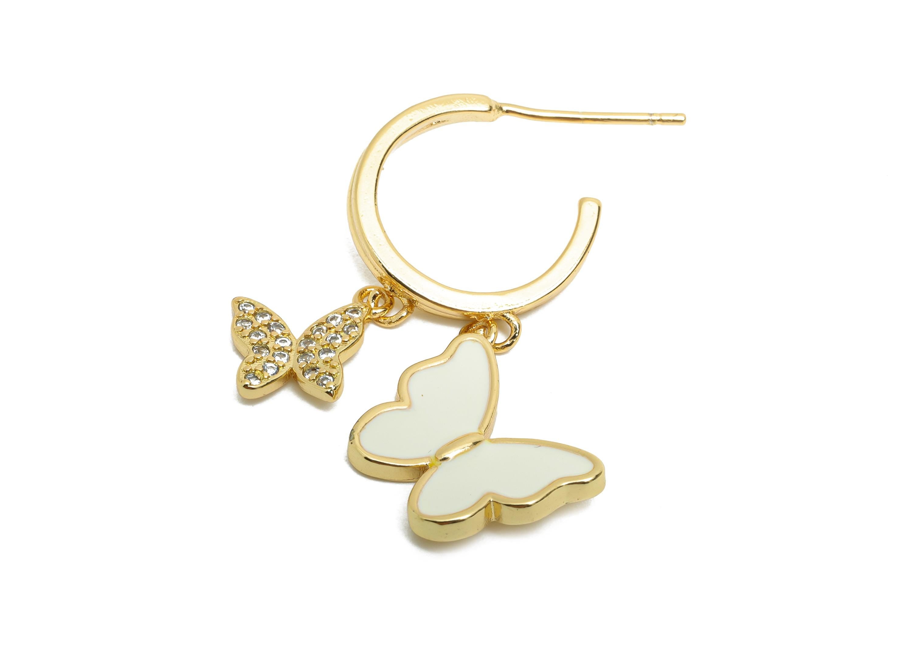 Brass Dangle C Hoop Stud - Double Butterfly CZ Enamel Post - Gold C Hoop Hanging Earring Post - 18K Gold Plated - 34.91x21.62x0.88mm-RGP9750 - DOMEDBAZAAR