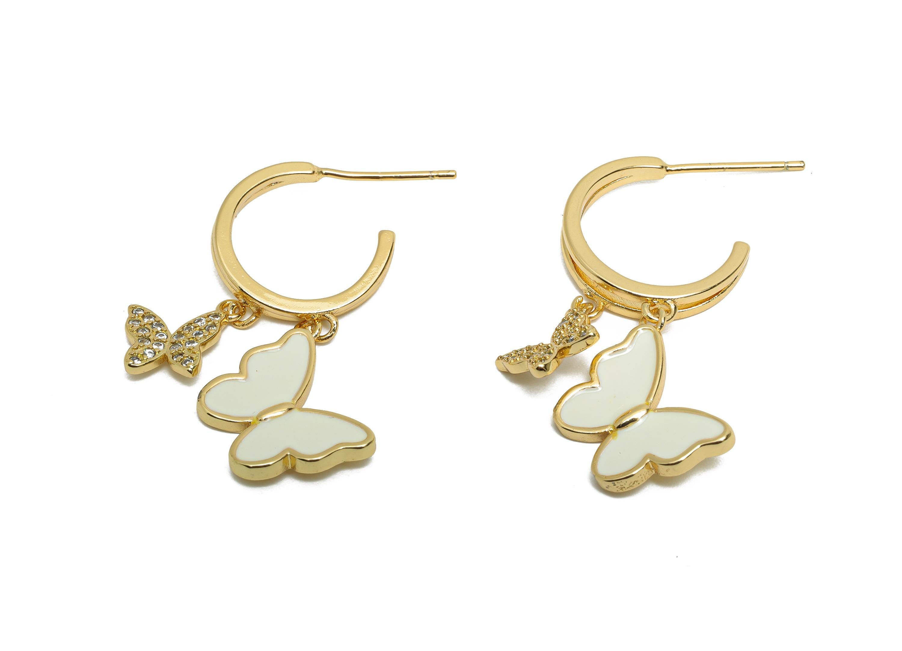 Brass Dangle C Hoop Stud - Double Butterfly CZ Enamel Post - Gold C Hoop Hanging Earring Post - 18K Gold Plated - 34.91x21.62x0.88mm-RGP9750 - DOMEDBAZAAR
