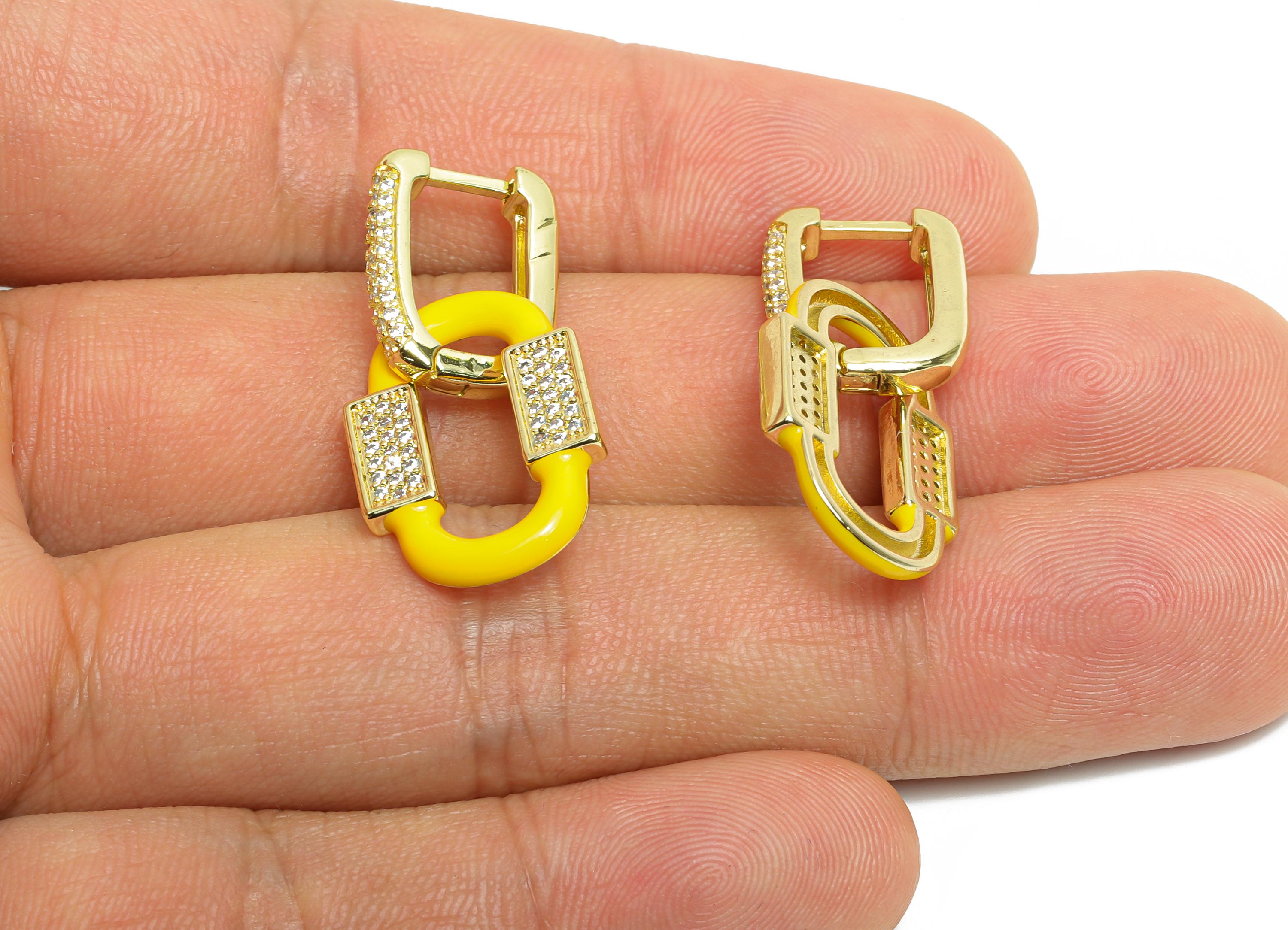 Dangle CZ U Hoop Clasp Earring - Enamel Oval Rectangle Earring - Brass CZ Huggie Hoop Clasp - 18K Gold Plated - 33.21x14.92x3mm - RGP9776 - DOMEDBAZAAR