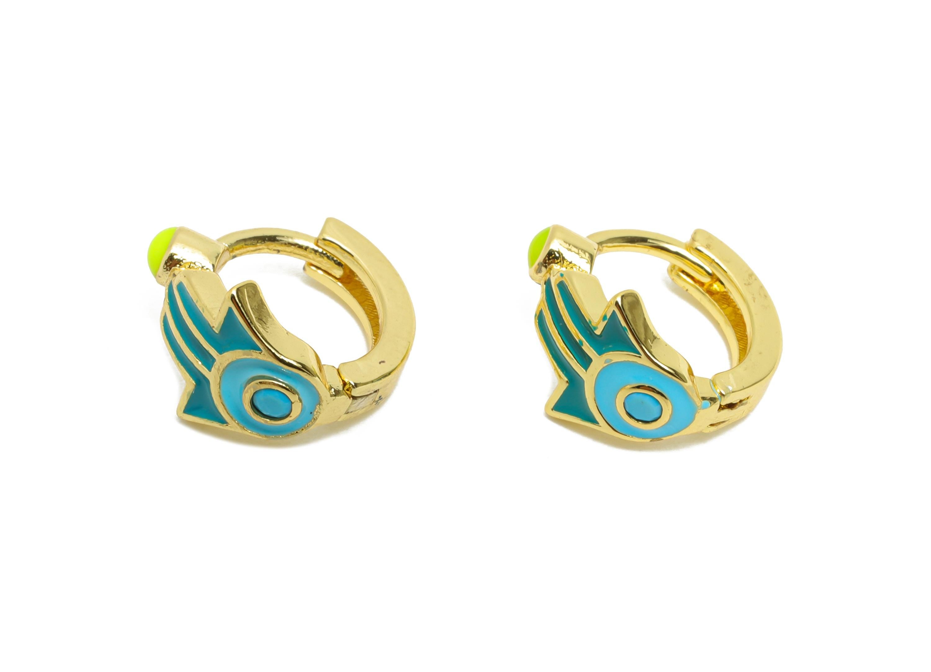 Gold Hamsa Huggie Hoop Clasp - Mini Enamel Statement Earring - Modern Brass Hoop Clasp - 18K Real Gold Plated - 11.41x12.1x8.41mm - RGP9755 - DOMEDBAZAAR