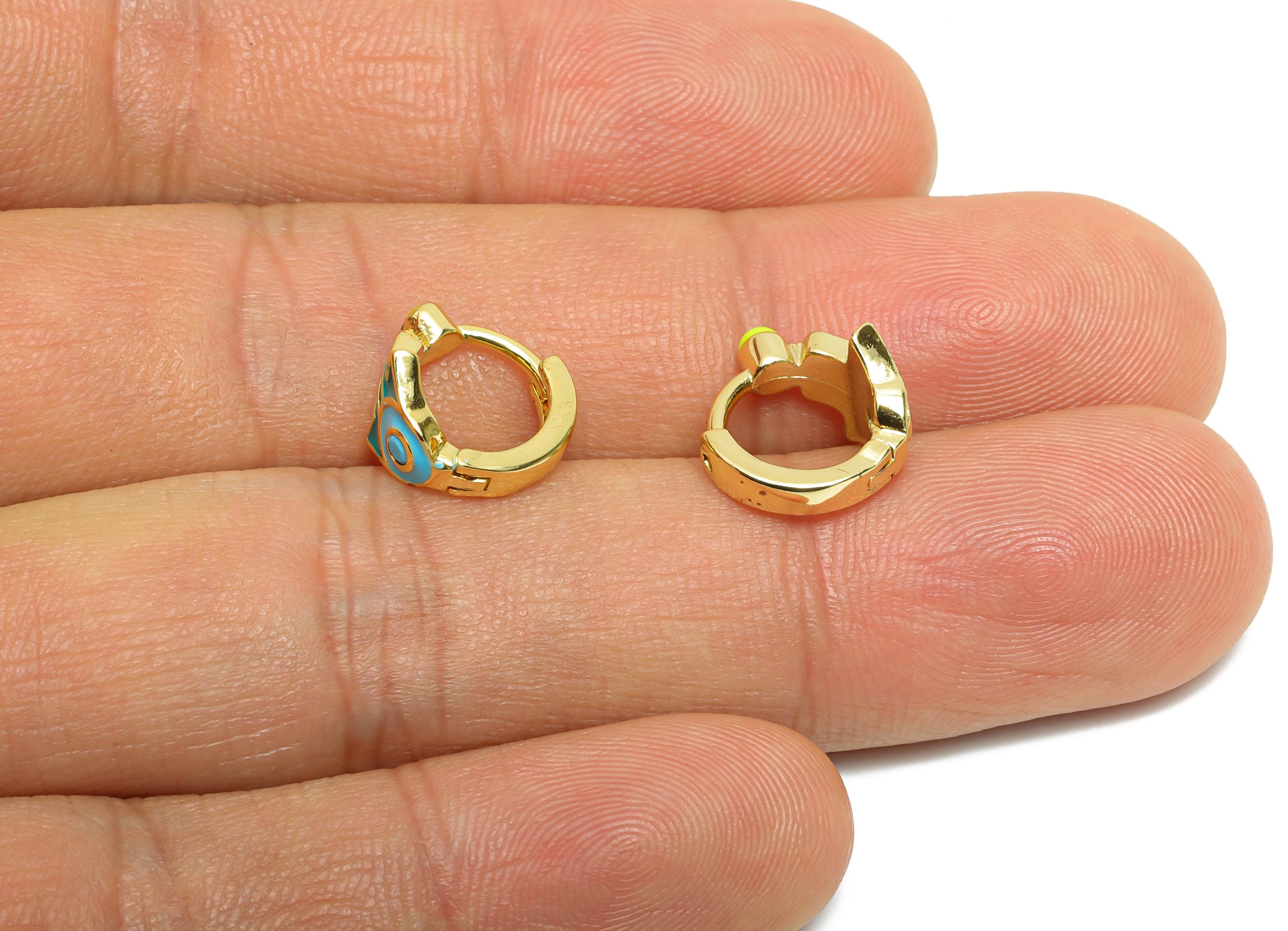 Gold Hamsa Huggie Hoop Clasp - Mini Enamel Statement Earring - Modern Brass Hoop Clasp - 18K Real Gold Plated - 11.41x12.1x8.41mm - RGP9755 - DOMEDBAZAAR