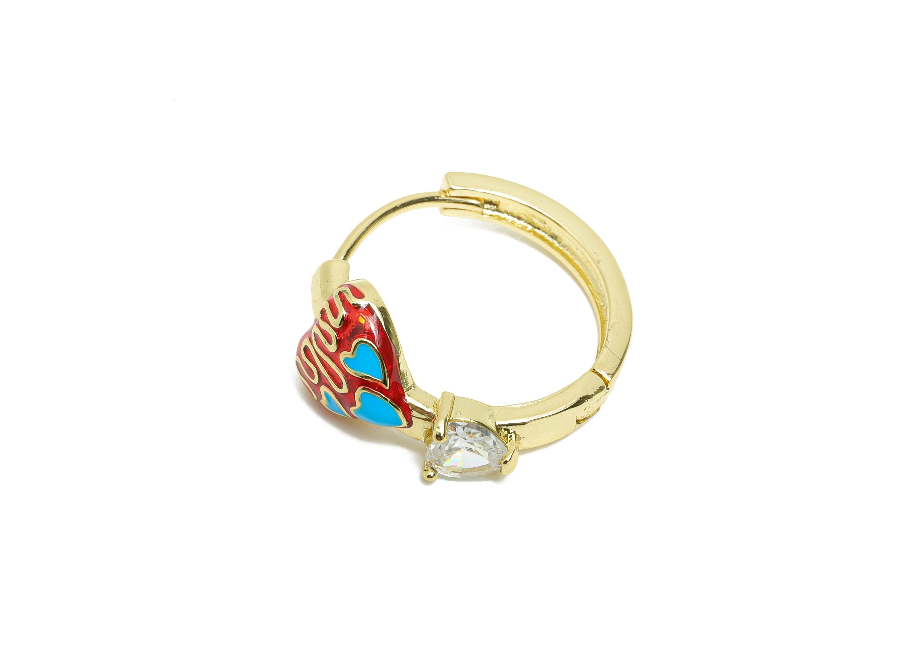 Brass Heart Hoop Clasp - Enamel Zircon Colorful Hoop Earring - Heart Motif Huggie Hoop Clasp - 18K Real Gold Plated - 21x20x9mm - RGP9760 - DOMEDBAZAAR