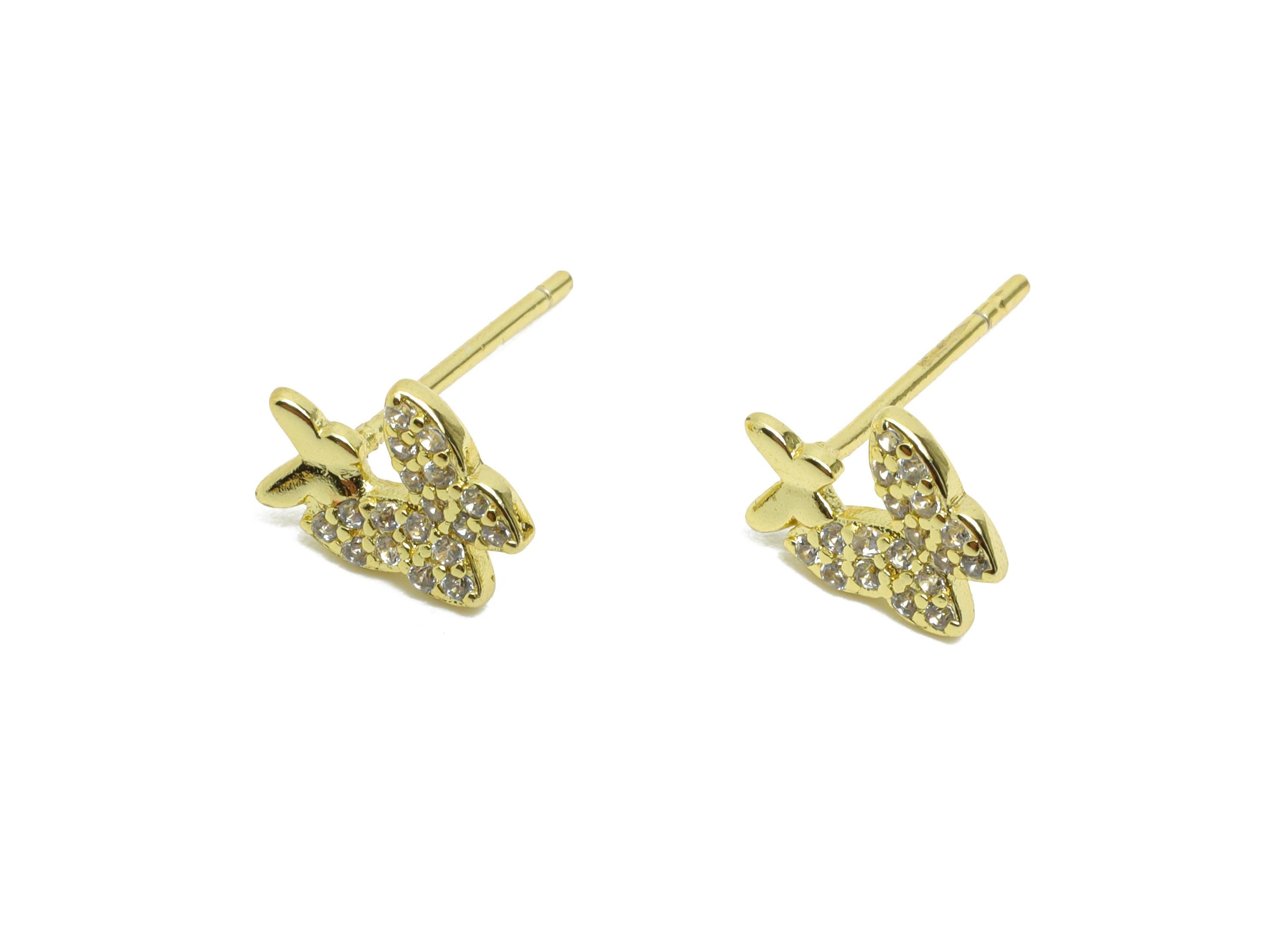 Sparkling Gold CZ Stud - Mini Double Butterfly Earring Post for Girls - Brass Minimalism Jewelry - 18K Gold Plated - 9.17x7.35x0.7mm-RGP9830 - DOMEDBAZAAR