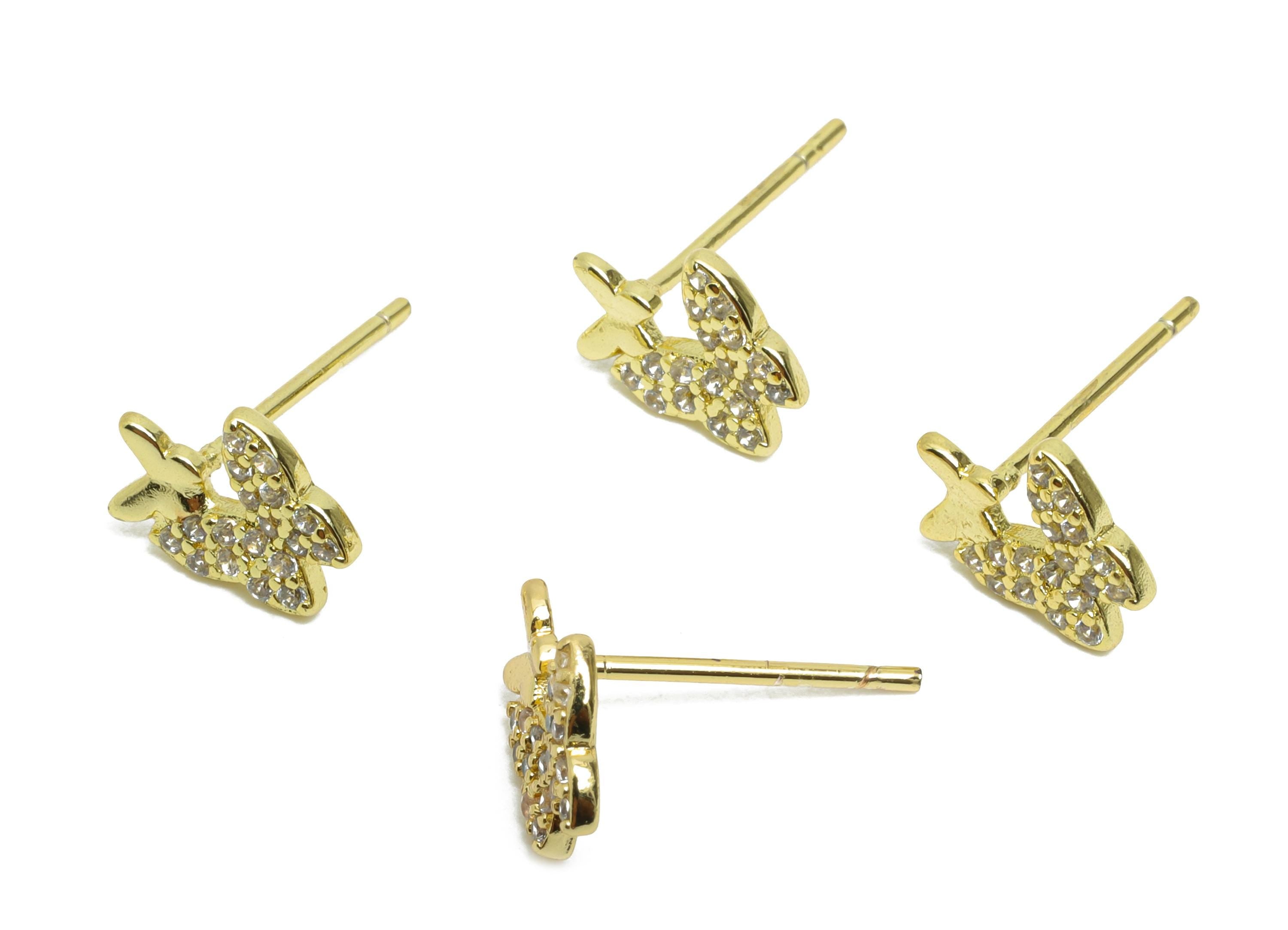 Sparkling Gold CZ Stud - Mini Double Butterfly Earring Post for Girls - Brass Minimalism Jewelry - 18K Gold Plated - 9.17x7.35x0.7mm-RGP9830 - DOMEDBAZAAR