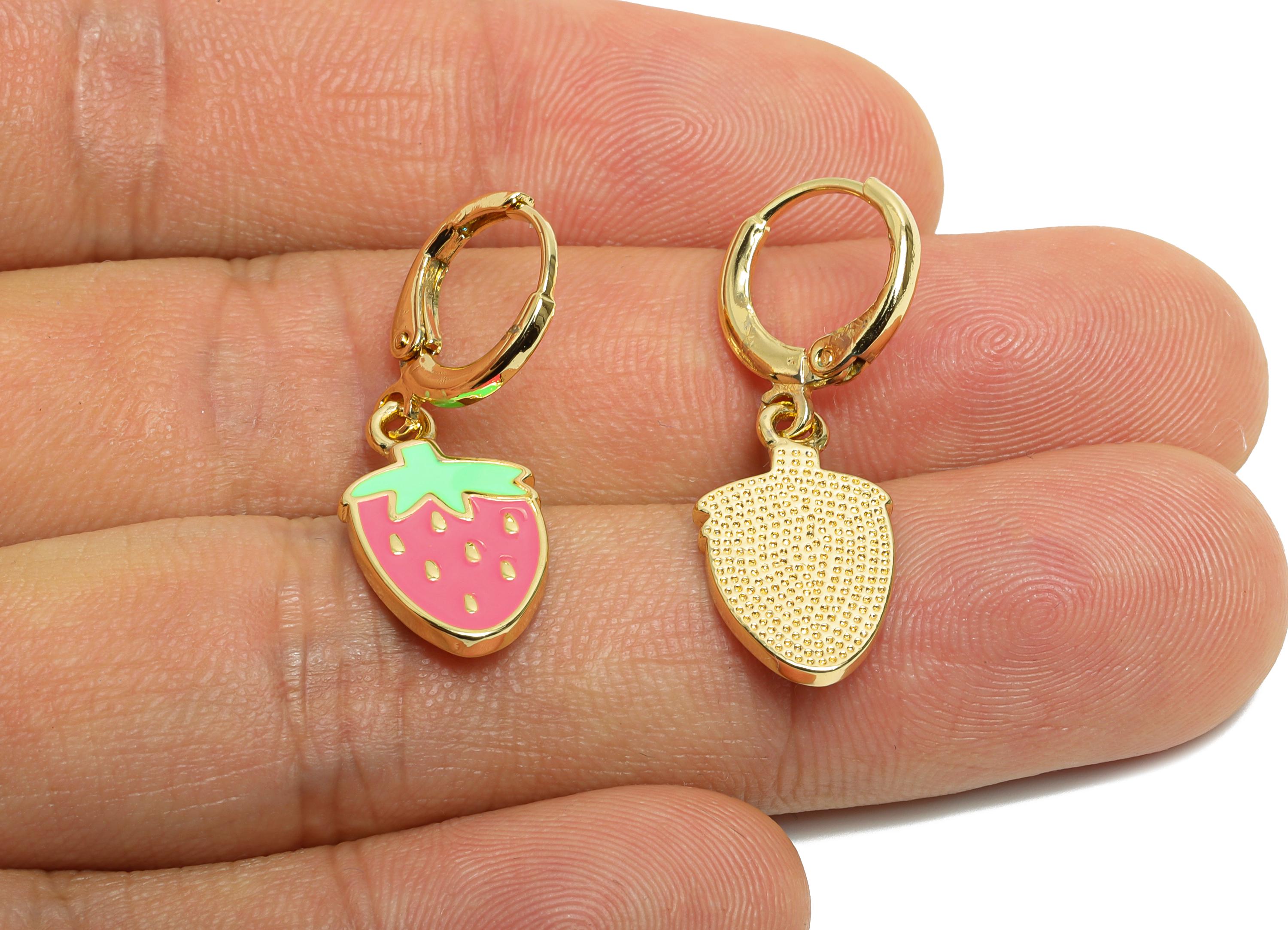 Brass Strawberry Hoop - Colorful Enamel Lever back Hoop - Gold Cute Dangle Earring Hoop - 18K Real Gold Plated - 31x10x1.6mm - RGP9804 - DOMEDBAZAAR