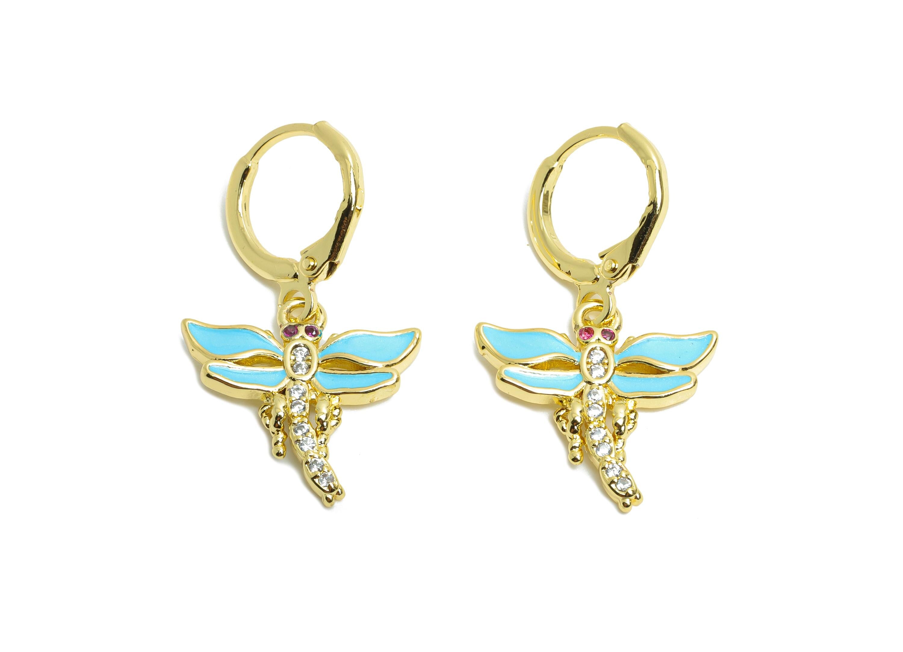 Brass Dragonfly Hoop - Zircon Enamel Lever back Hoop - Gold Insect Dangle Earring Hoop - 18K Real Gold Plated - 29x16x2.2mm - RGP9788 - DOMEDBAZAAR