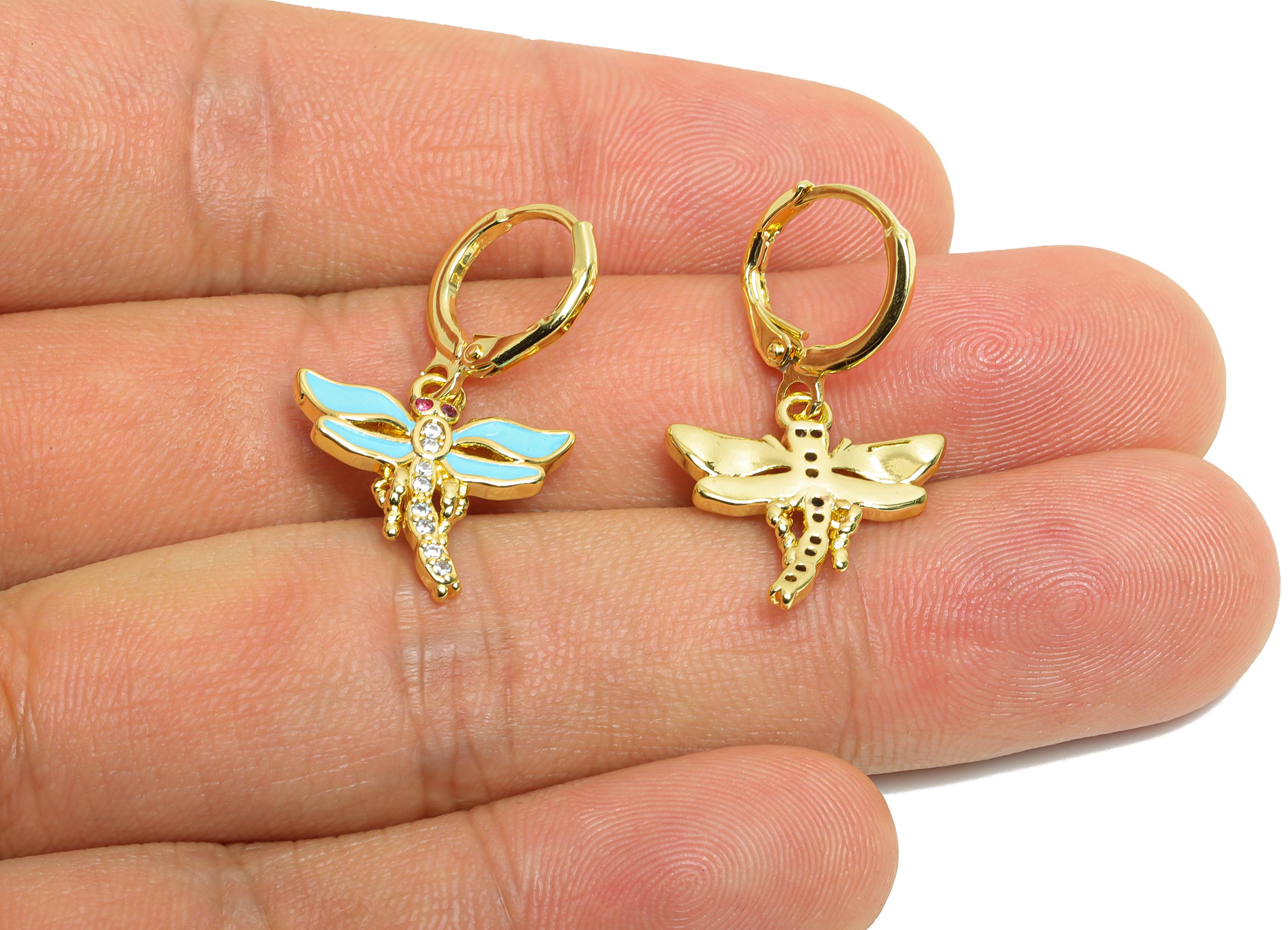 Brass Dragonfly Hoop - Zircon Enamel Lever back Hoop - Gold Insect Dangle Earring Hoop - 18K Real Gold Plated - 29x16x2.2mm - RGP9788 - DOMEDBAZAAR