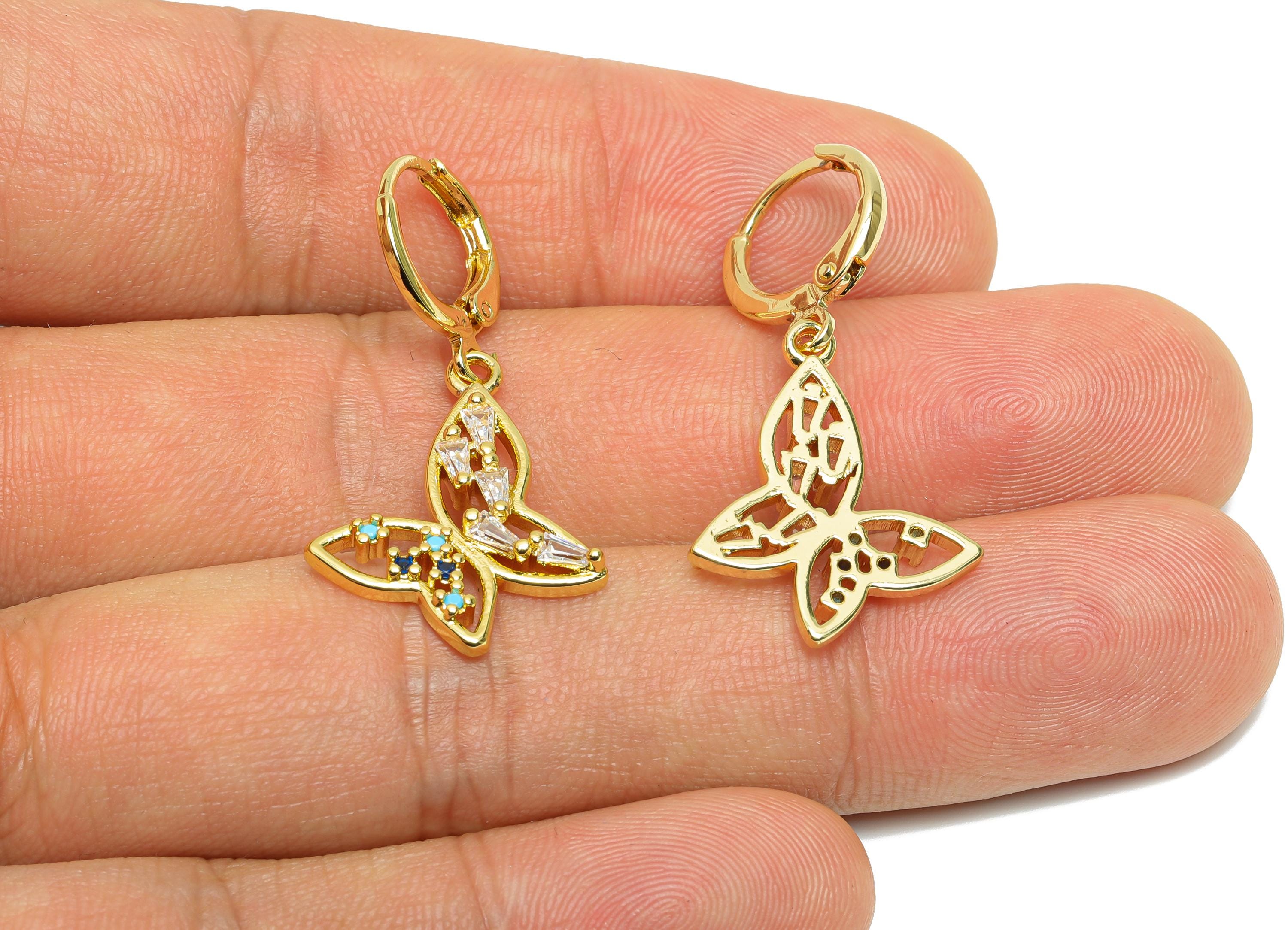 Brass CZ Butterfly Hoop - Zircon Sparking Lever back Hoop - Gold Butterfly Dangle Earring Hoop - 18K Real Gold Plated - 34x18x3mm - RGP9790 - DOMEDBAZAAR