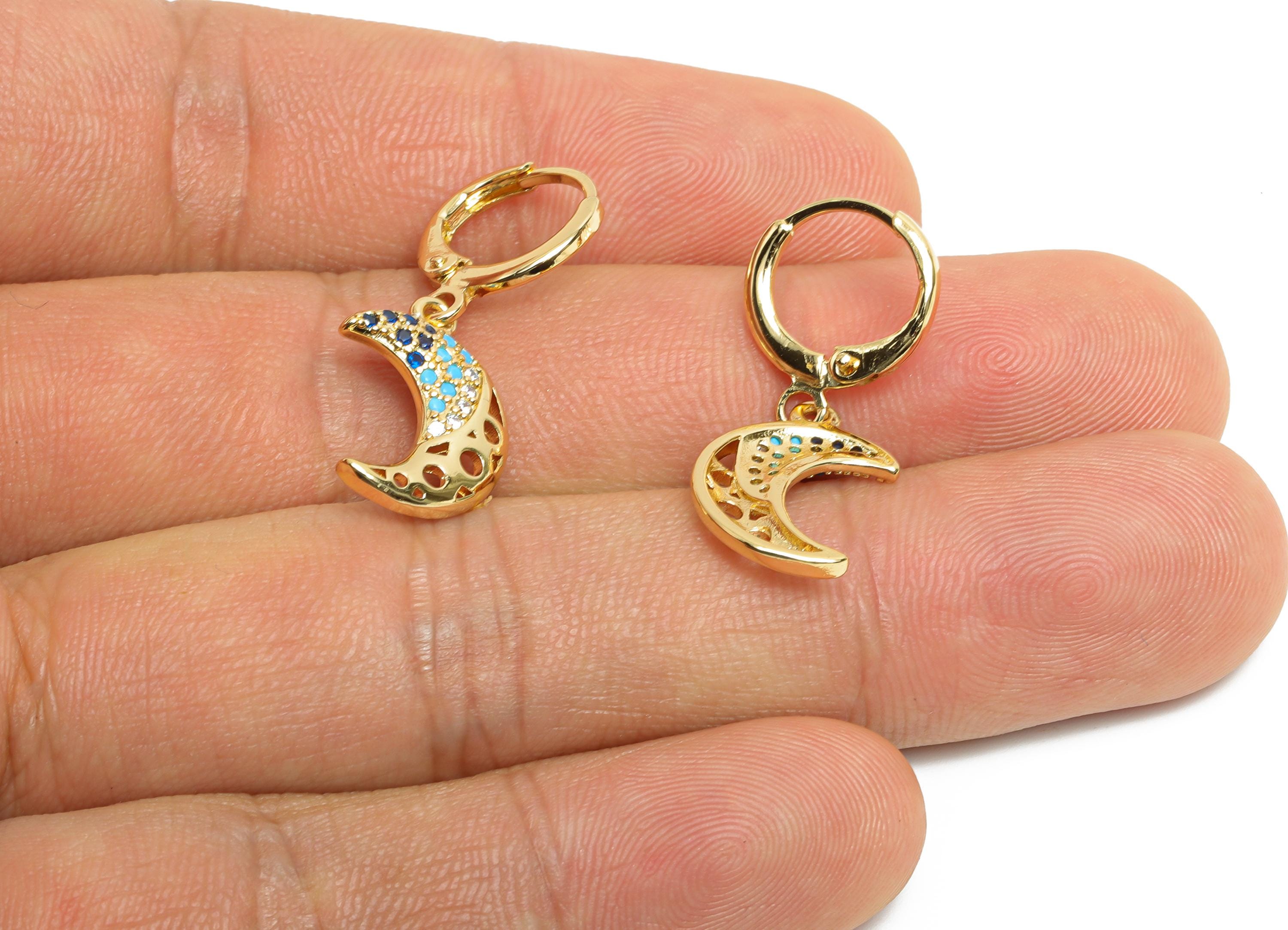 Brass CZ Crescent Hoop - Zircon Sparking Lever back Hoop - Gold Moon Dangle Earring Hoop - 18K Real Gold Plated - 29x11x2.01mm - RGP9810 - DOMEDBAZAAR