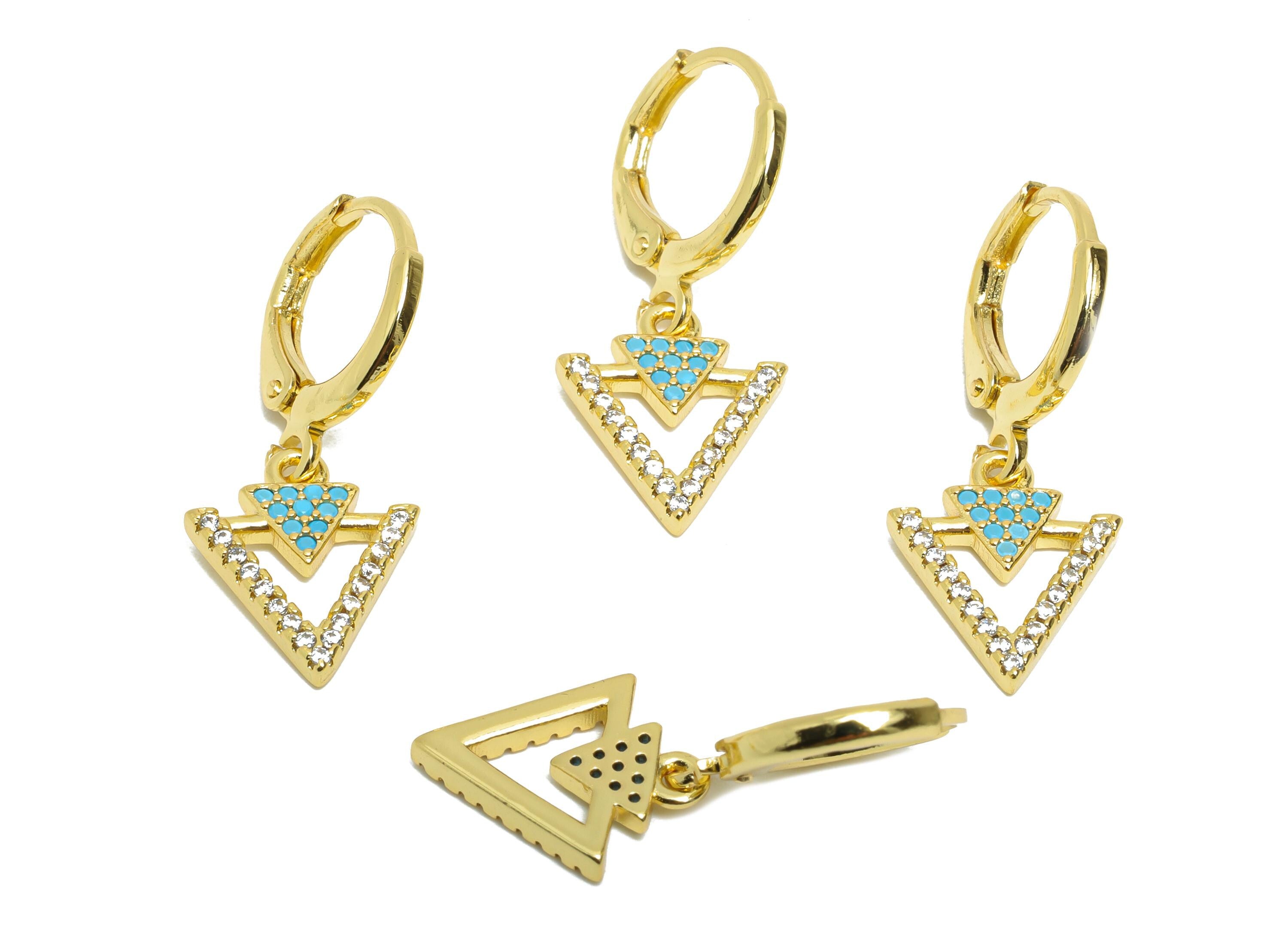 Brass CZ Triangle Hoop - Zircon Sparking Lever back Hoop - Gold Geometry Dangle Earring Hoop - 18K Real Gold Plated - 27x11x1.93mm - RGP9803 - DOMEDBAZAAR
