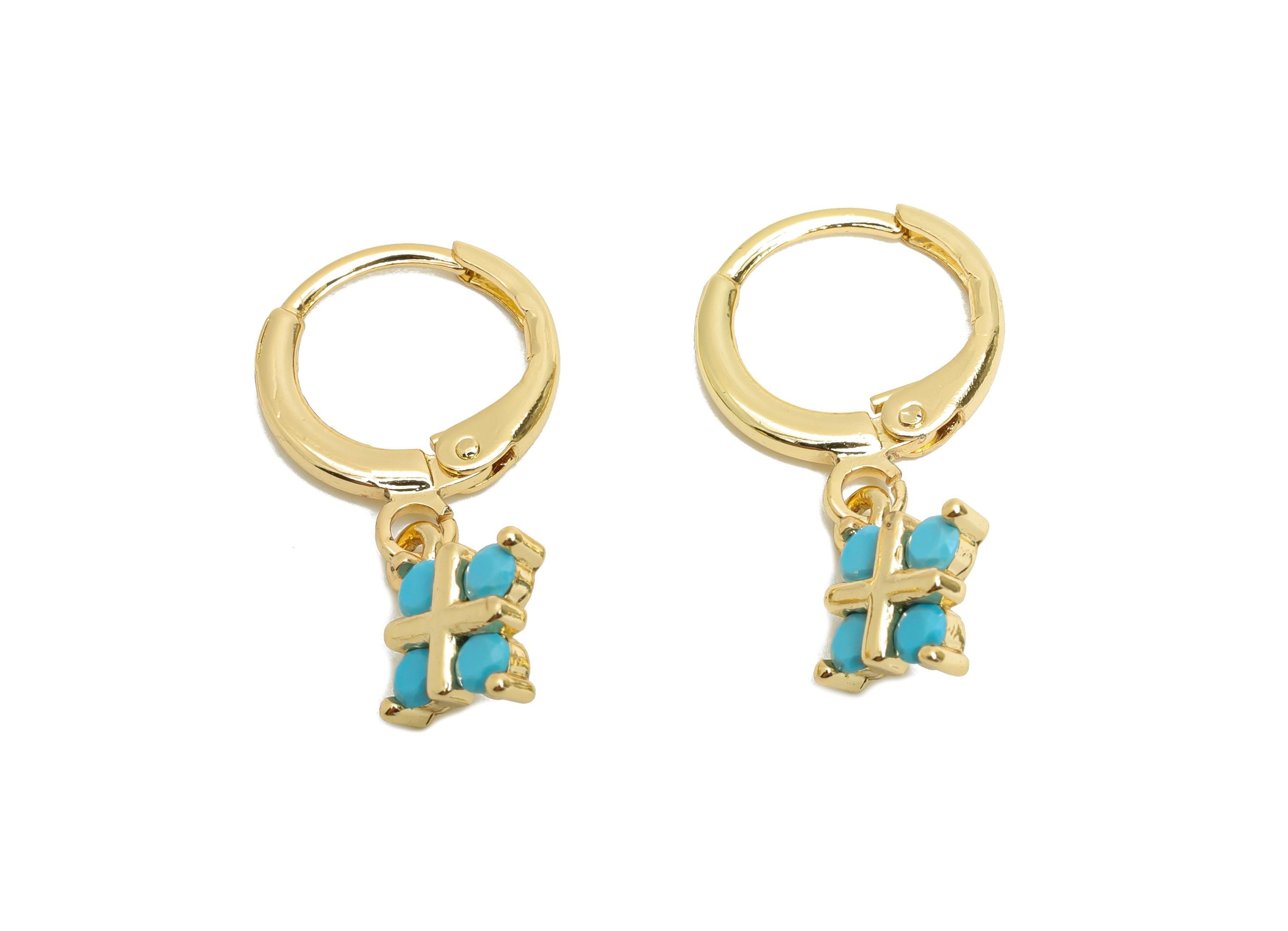 Brass CZ Square Hoop - Zircon Geometry Lever back Hoop - Blue Zircon Dangle Earring Hoop - 18K Real Gold Plated - 24x9x2.46mm - RGP9805 - DOMEDBAZAAR