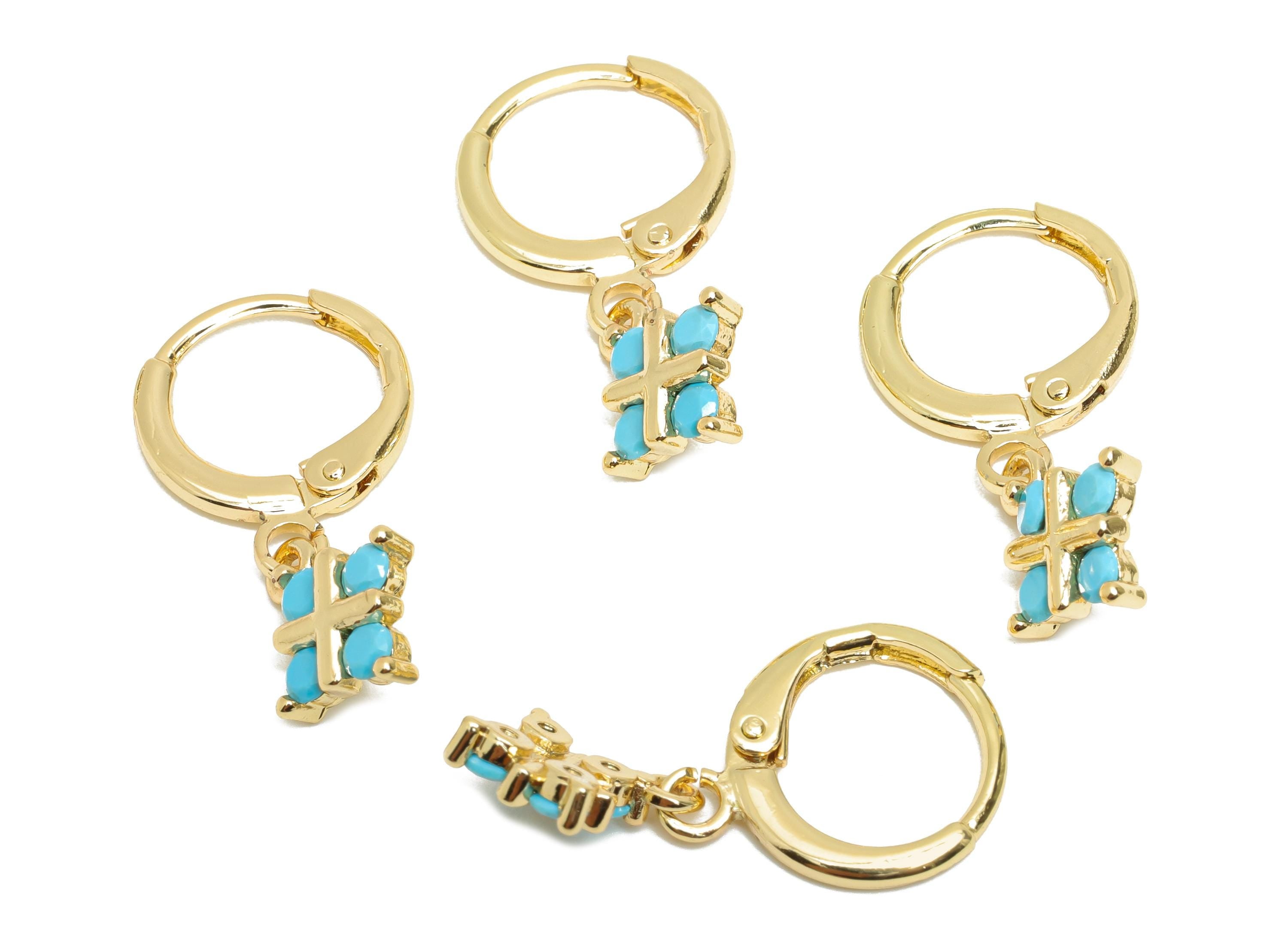 Brass CZ Square Hoop - Zircon Geometry Lever back Hoop - Blue Zircon Dangle Earring Hoop - 18K Real Gold Plated - 24x9x2.46mm - RGP9805 - DOMEDBAZAAR