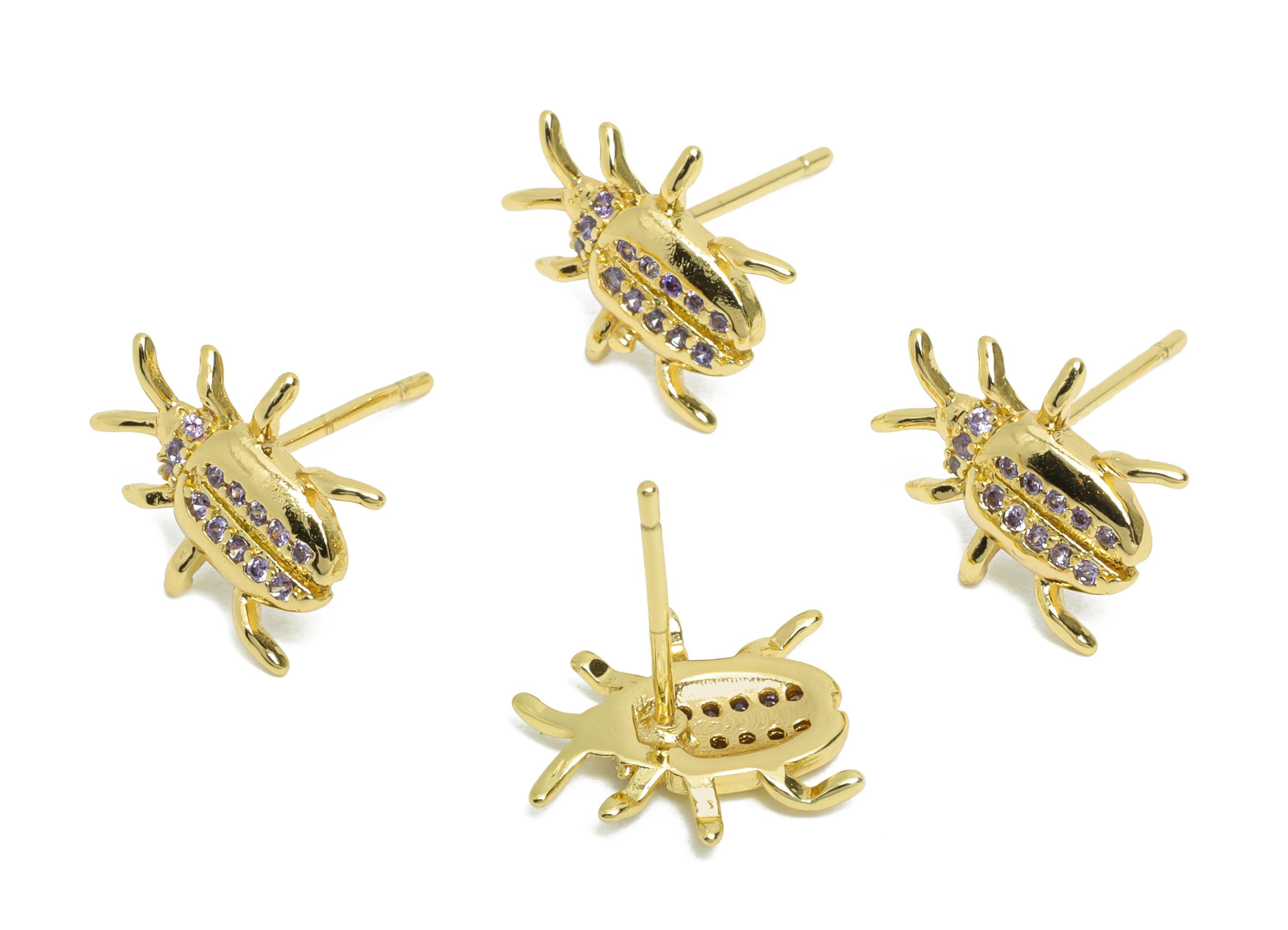 Sparkling Beetle CZ Studs - Gold Dainty Insects Earring Post - Brass Modern Jewelry - 18K Real Gold Plated - 12.04x11.15x0.81mm - RGP9829 - DOMEDBAZAAR