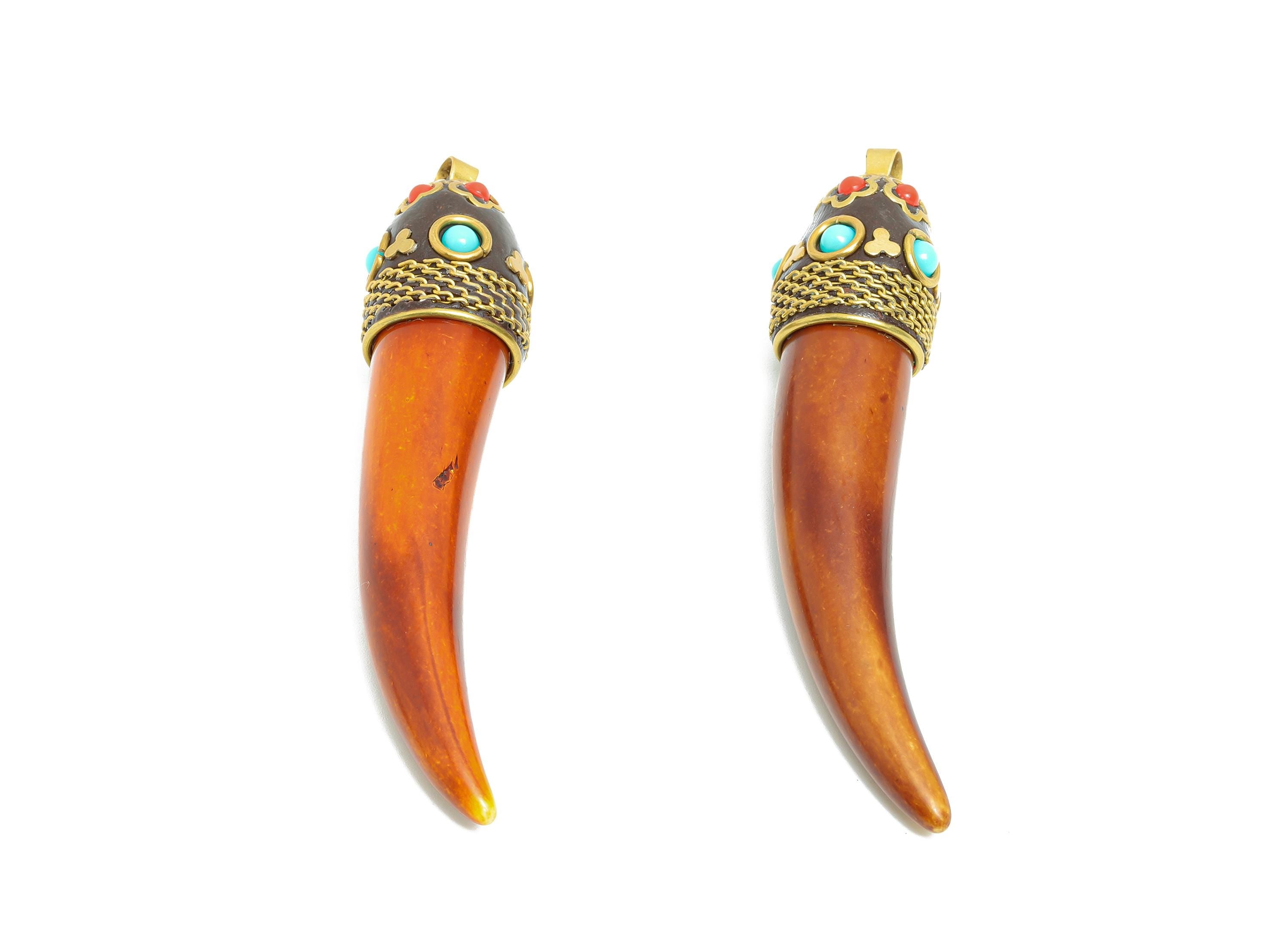 Sandalwood Fangs Pendant - Bohemian Polymer Clay Necklace Pendant - Resin Nepalese Handmade Artistry Jewelry - 82.38x18.58x16.48mm - RGP9848 - DOMEDBAZAAR
